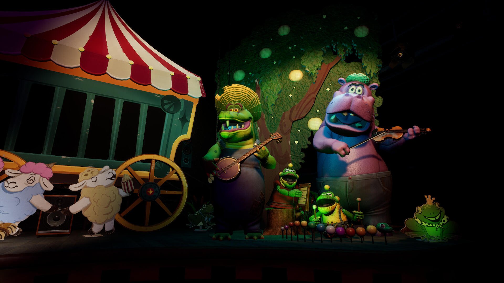 HD PC desktop wallpaper featuring characters from the video game Five Nights at Freddy's: Secret of the Mimic in a dark, eerie carnival setting.