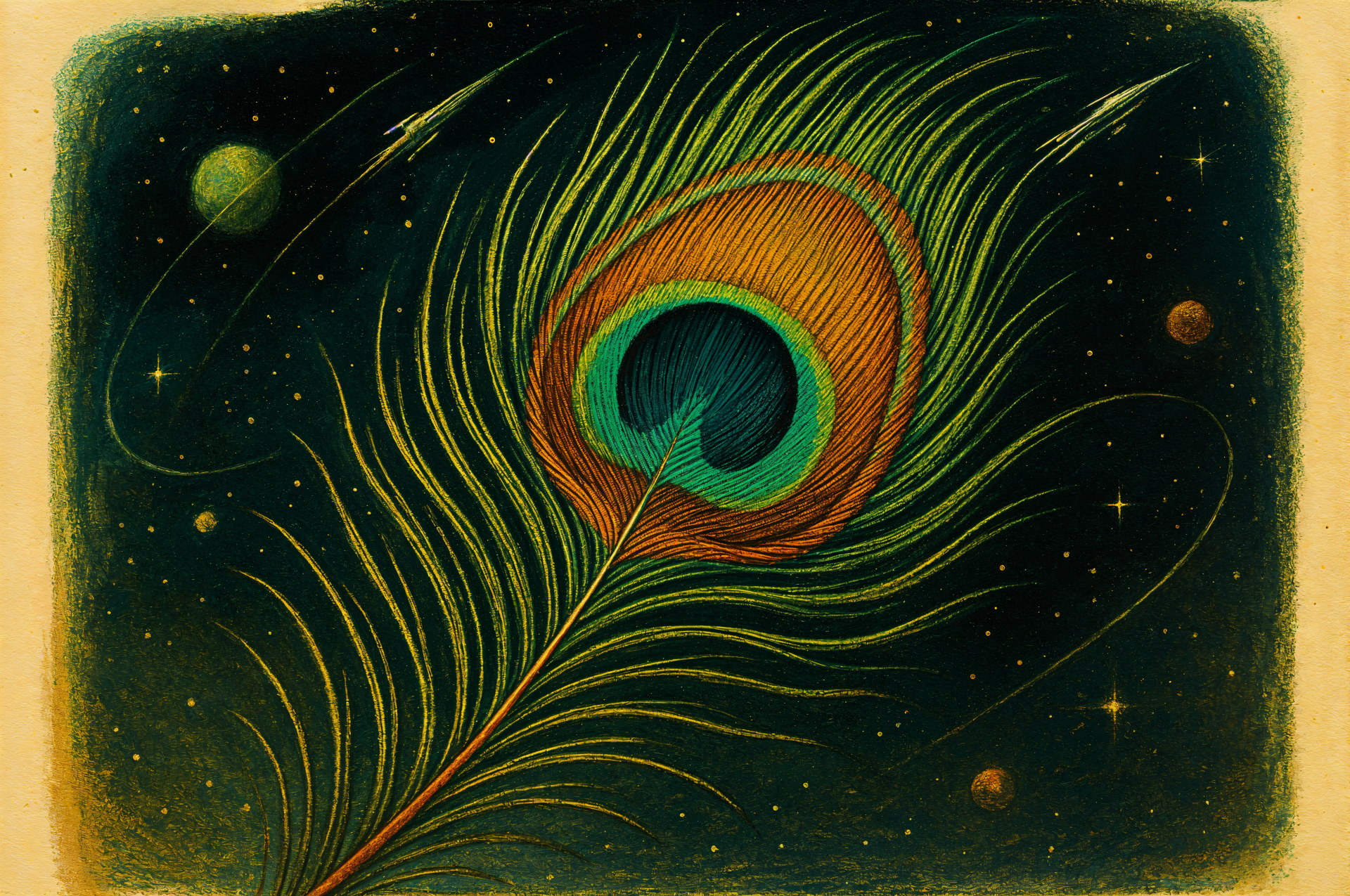 A vibrant peacock feather set against a dark, starry background, captured in stunning detail as a 4K Ultra HD PC desktop wallpaper.