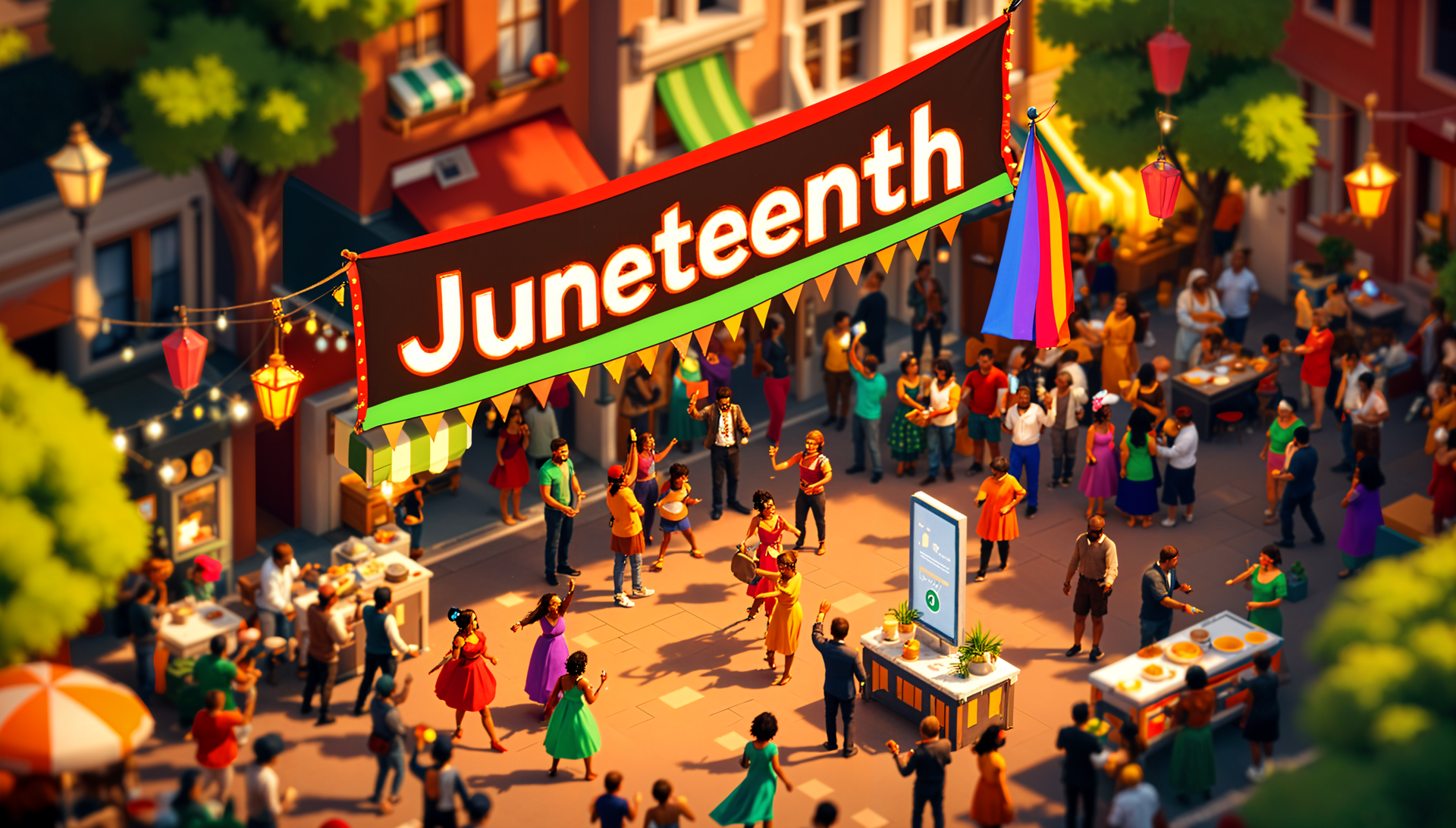 4K Ultra HD PC desktop wallpaper depicting a vibrant Juneteenth street celebration with diverse people, festive decorations, and illuminated banners.