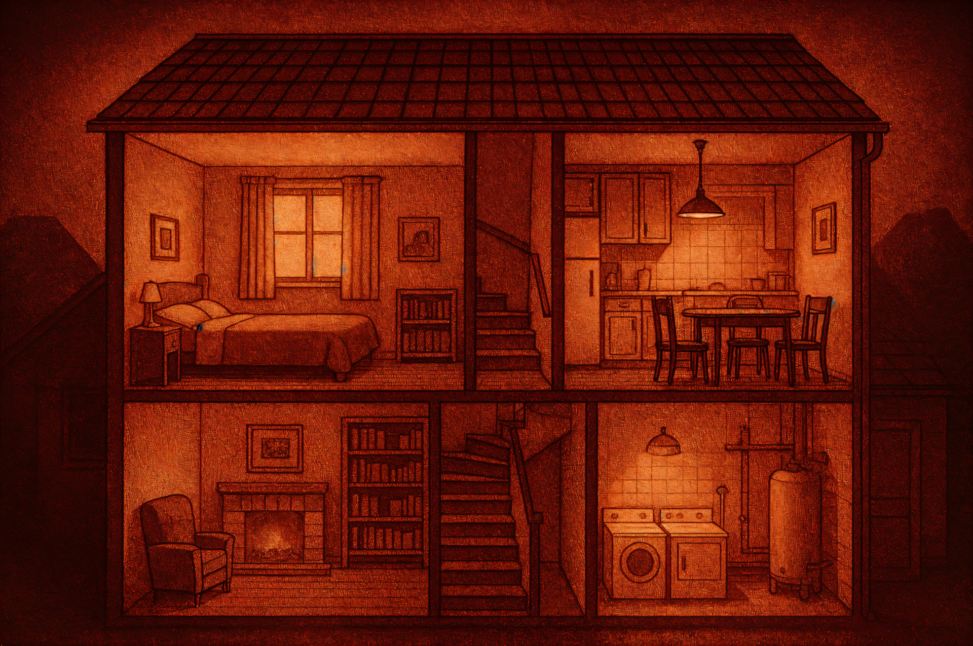 Cutaway view of a cozy house interior at night, showcasing a bedroom, kitchen, living room, and laundry area in warm tones. 4K Ultra HD PC desktop wallpaper.