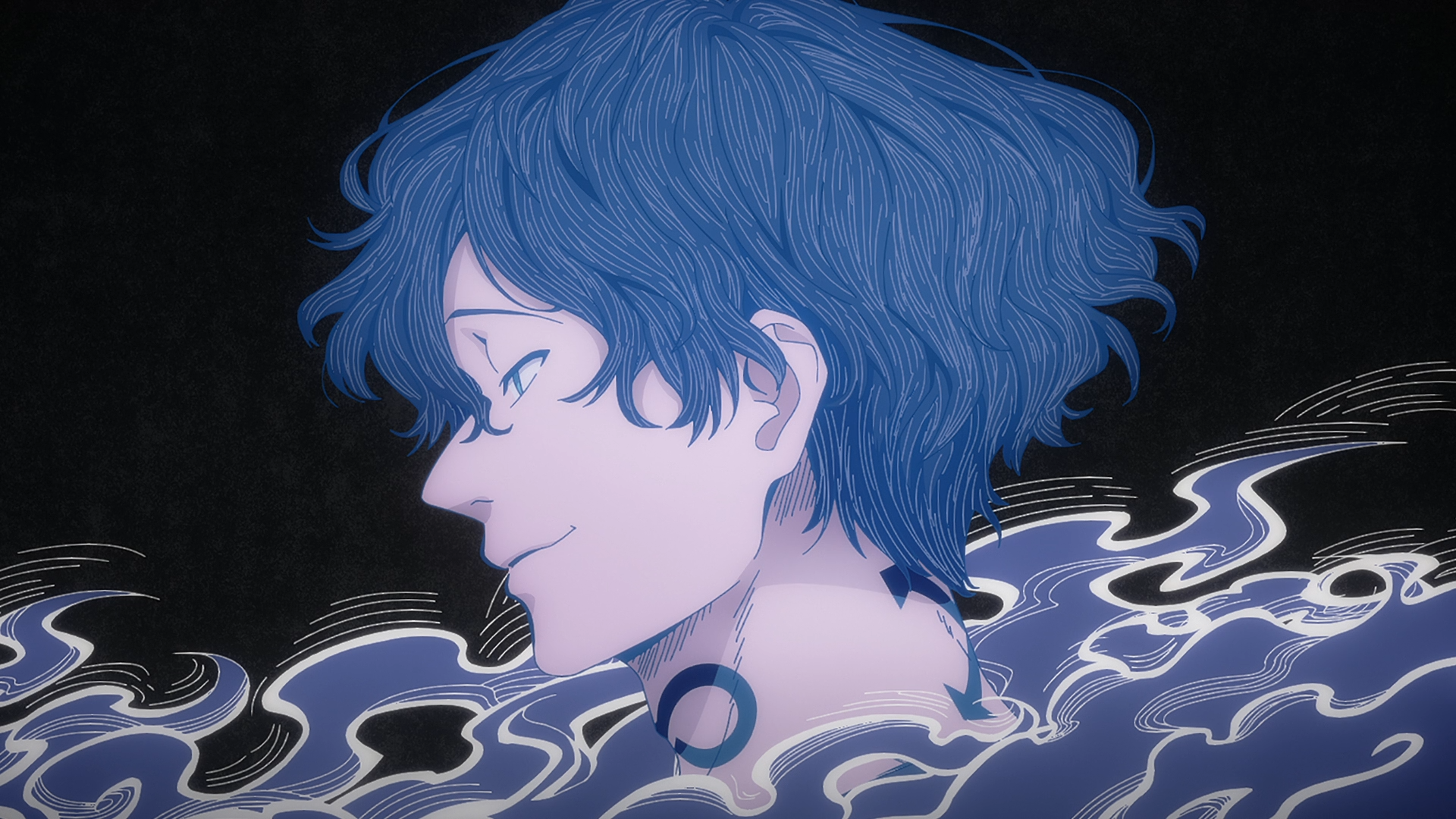 Anime Wind Breaker HD PC desktop wallpaper: blue-haired youth in profile emerging from swirling dark waves and mist on a black backdrop.