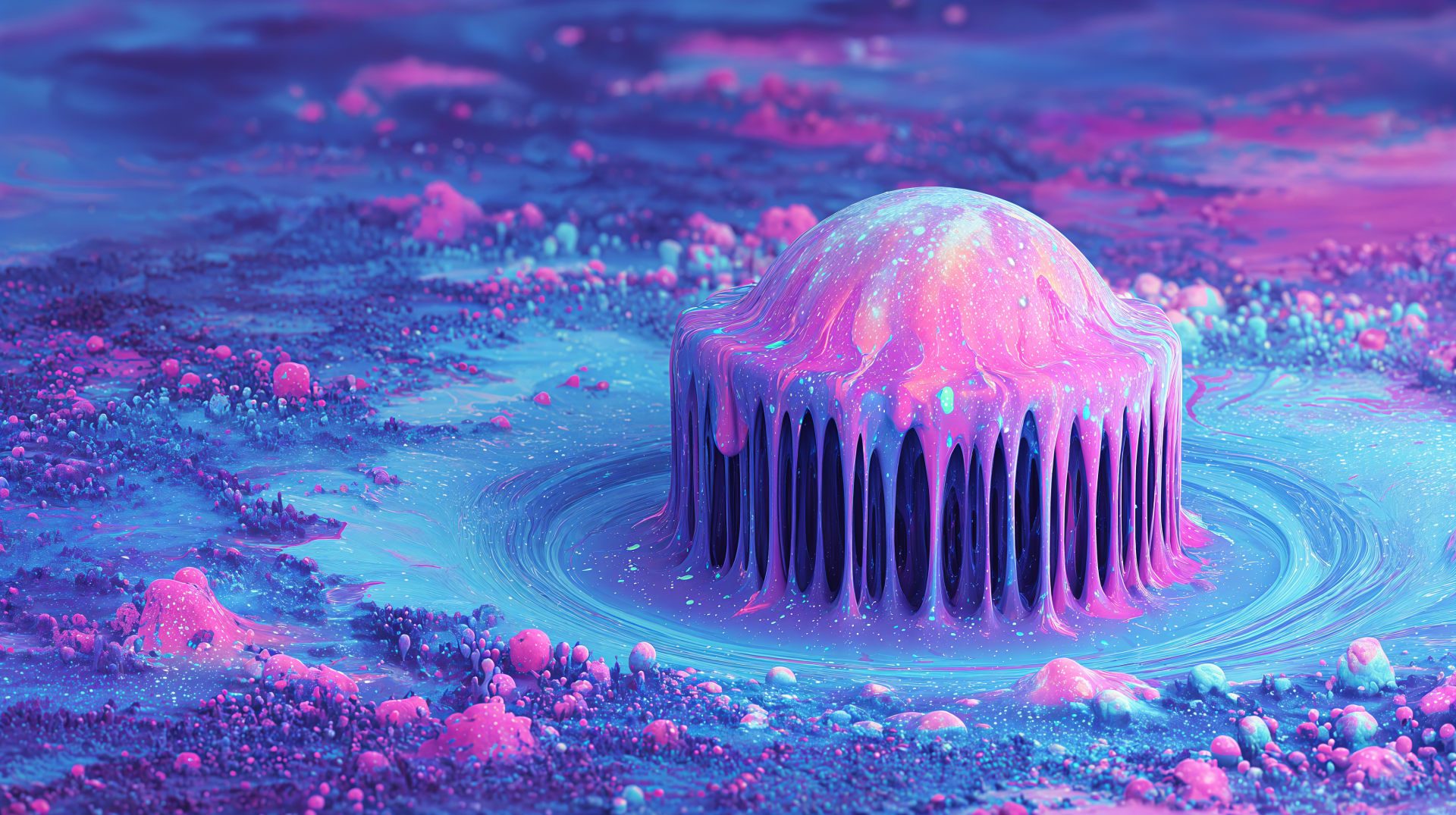 A vibrant 4K Ultra HD abstract liquid scene featuring a melting dome with glowing purple and pink hues, creating a surreal and dynamic desktop background.