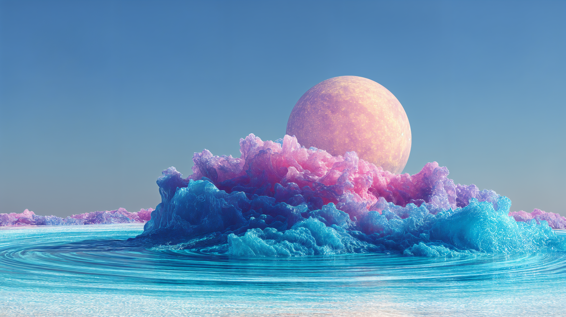 Abstract 4K Ultra HD desktop wallpaper featuring a surreal ocean scene with vibrant blue waves, pink clouds, and a large pale moon against a clear sky.