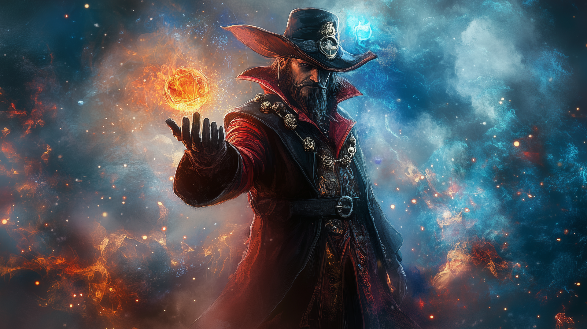 HD desktop wallpaper of a wizard in a wide-brimmed hat casting a fiery spell, surrounded by glowing magical energy and smoke.