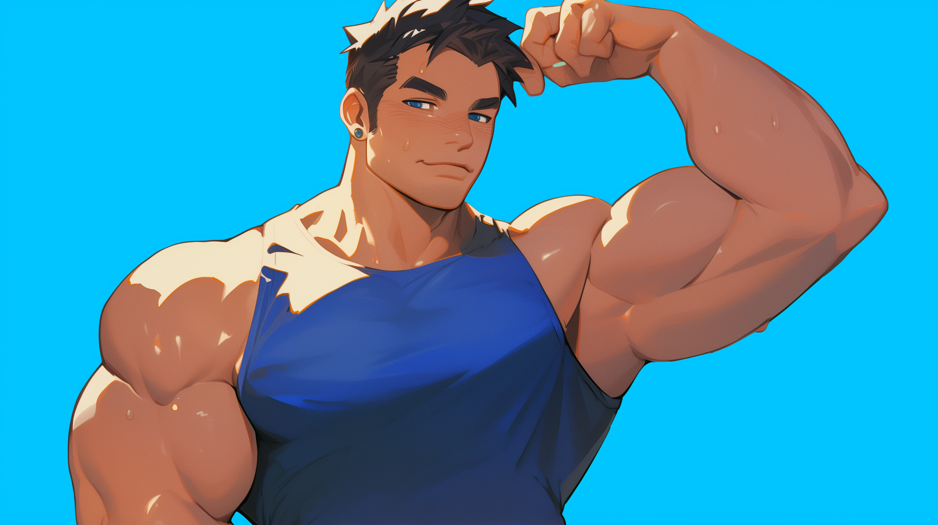 Anime-style HD desktop wallpaper featuring a muscular sigma male with giga chad vibes, flexing confidently against a bright blue background.