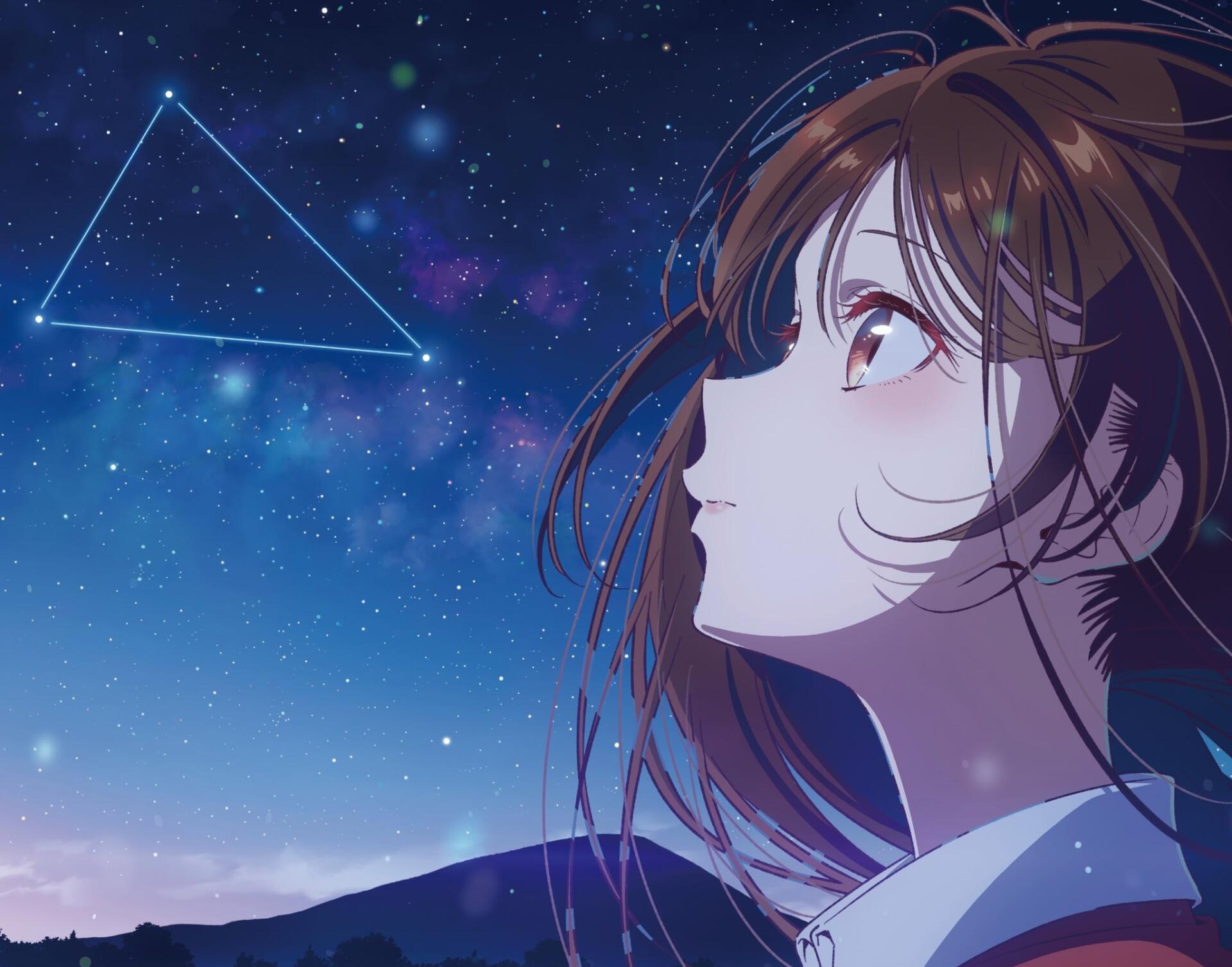 HD PC wallpaper of Chizuru Ichinose from Rent-A-Girlfriend, gazing up at a starry night sky with faint geometric constellations.
