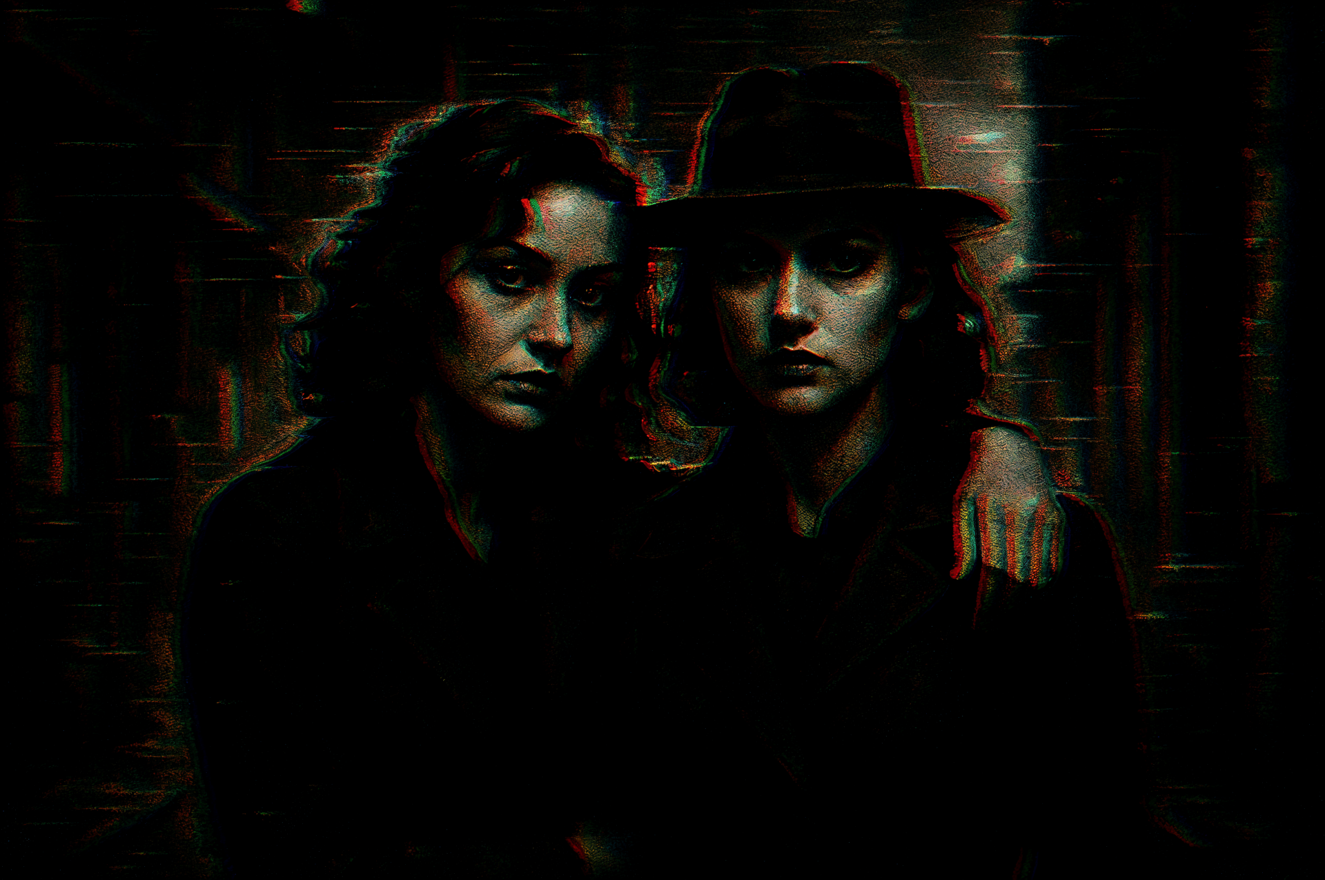 Dark, moody 4K Ultra HD desktop wallpaper featuring two women with intense expressions, embodying the theme of sisterhood in a cinematic, vintage style.