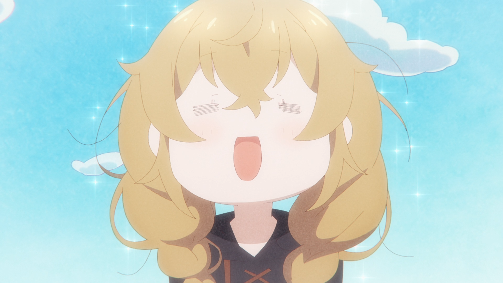 Chibi Monica Everett (Secrets of the Silent Witch) with a cheerful open mouth against a sparkling blue sky — HD PC desktop wallpaper/background, anime style