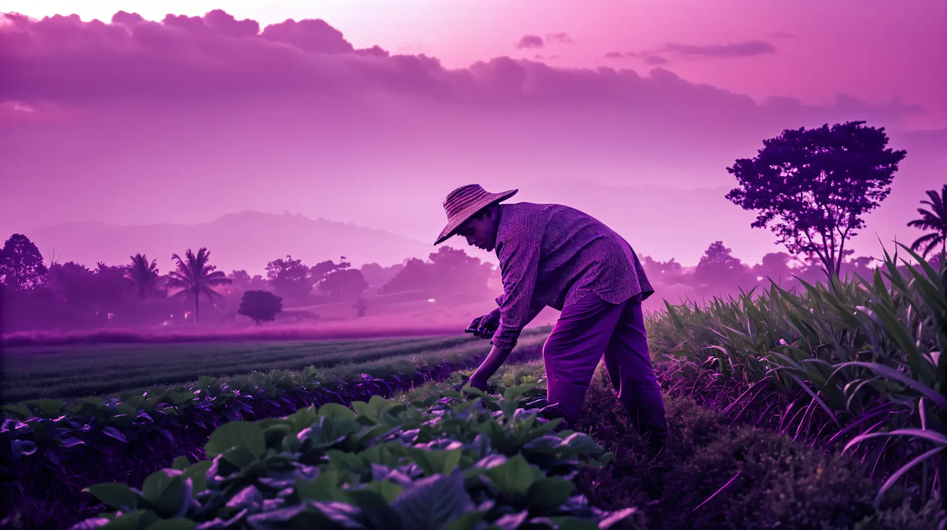 A farmer tending crops at dawn in a scenic field, captured in vibrant purple hues for a 4K Ultra HD PC desktop wallpaper and background.