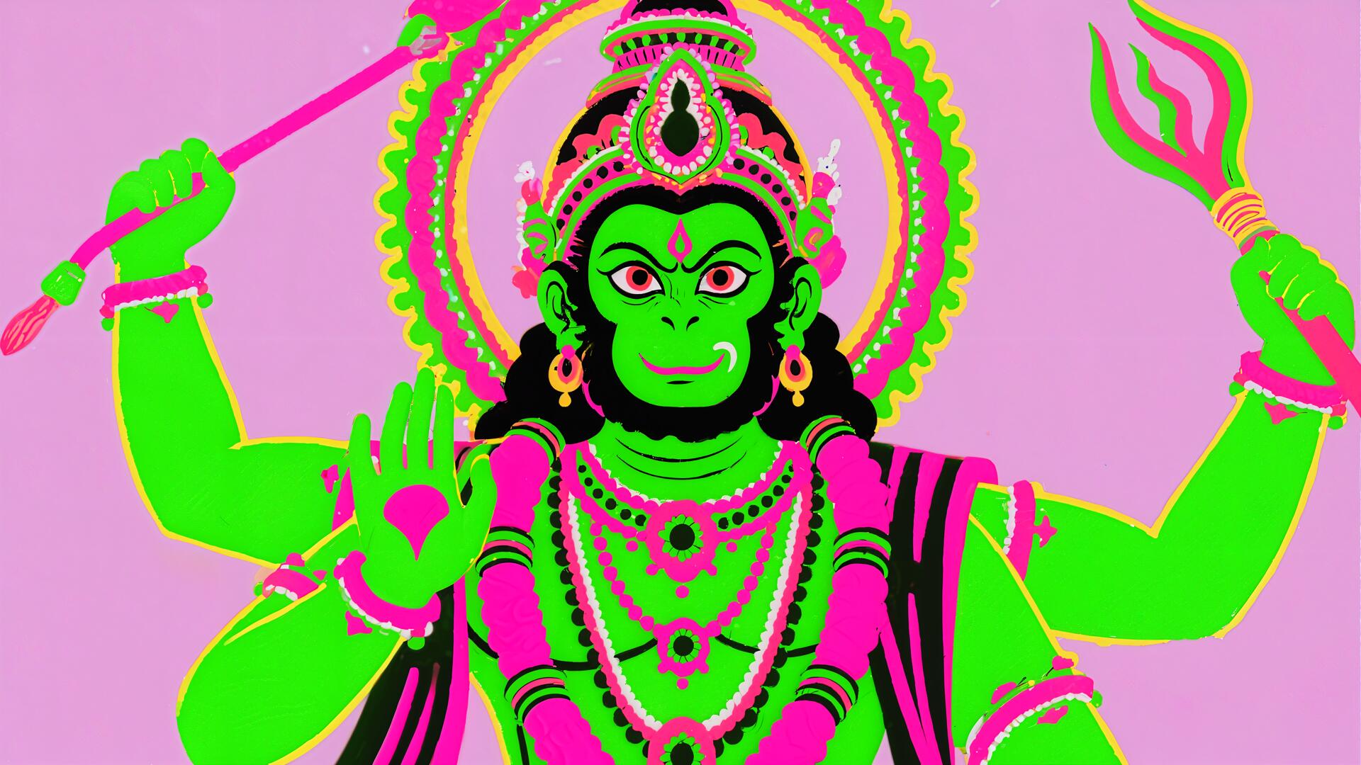 4K Ultra HD desktop wallpaper of Lord Hanuman depicted in vibrant neon colors with multiple arms holding symbolic weapons and a radiant halo behind him.