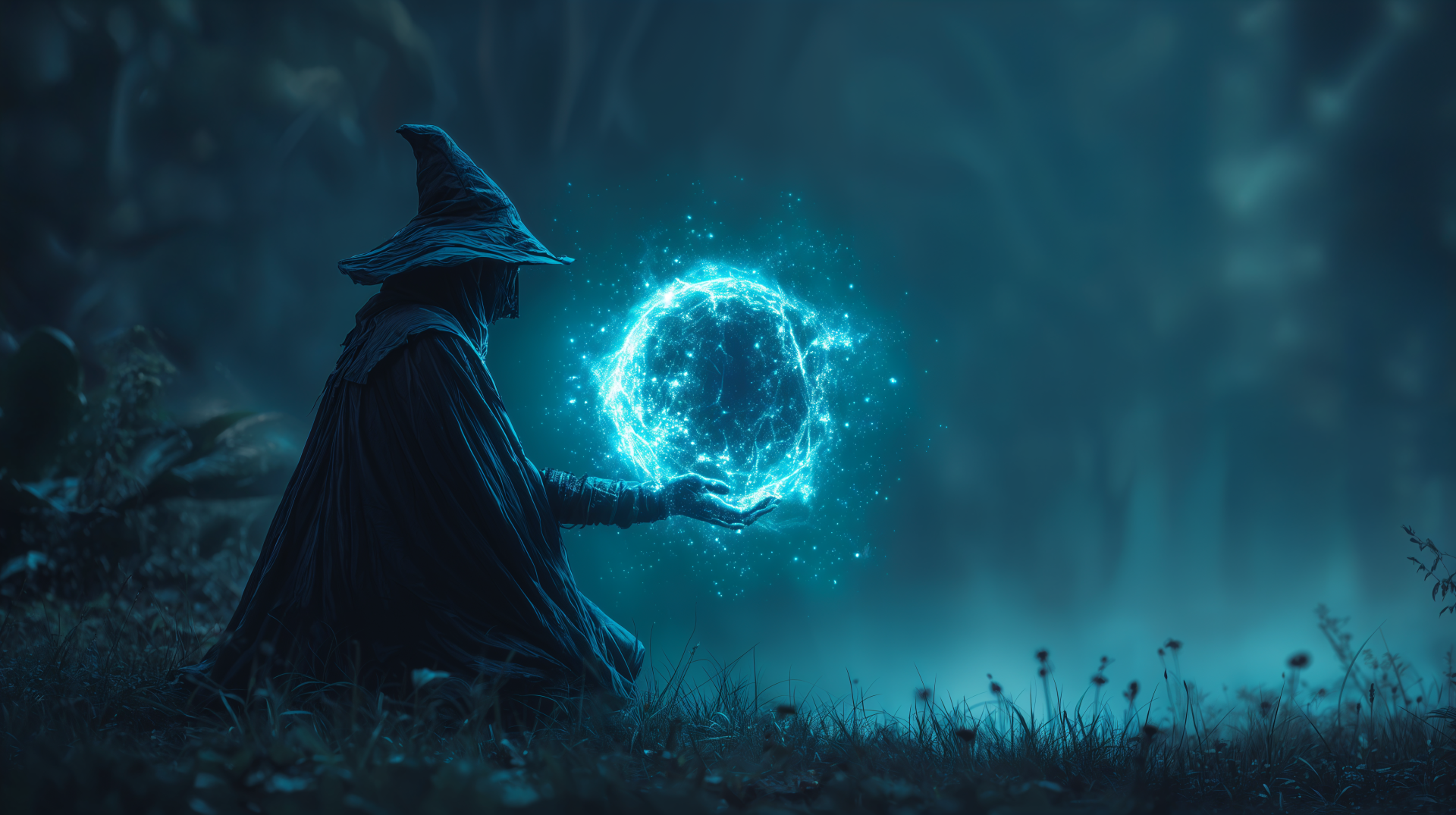 A cloaked wizard conjures a glowing blue magic spell in a dark, misty forest, captured in vibrant 4K Ultra HD for a fantasy PC desktop wallpaper.