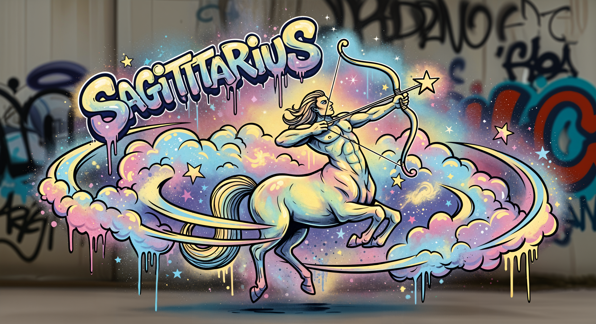Vibrant 4K Ultra HD wallpaper featuring a colorful Sagittarius centaur archer surrounded by cosmic clouds and stars, blending astrology with street art style.