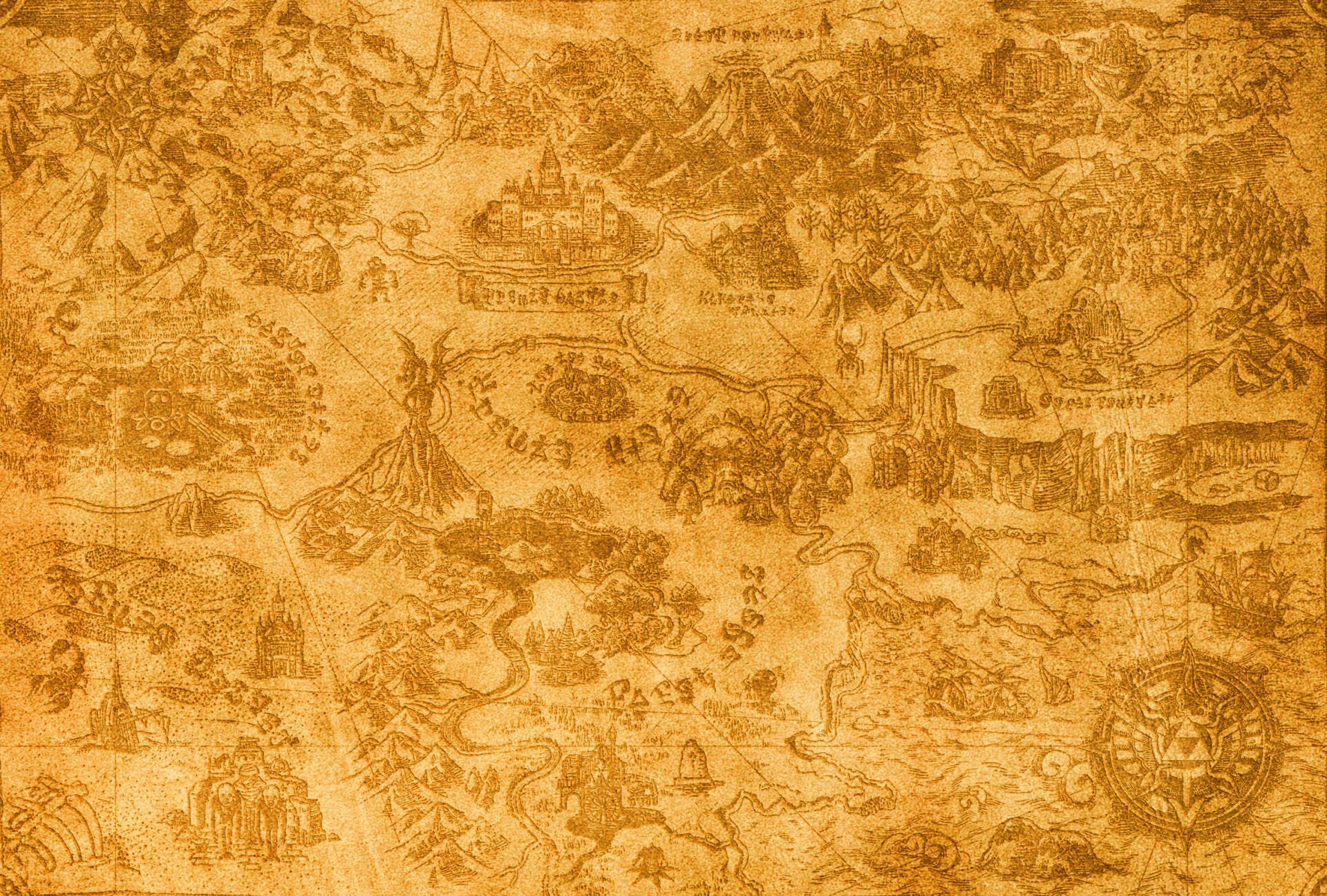 HD PC desktop wallpaper featuring a detailed, sepia-toned map from The Legend of Zelda: Tears of the Kingdom.