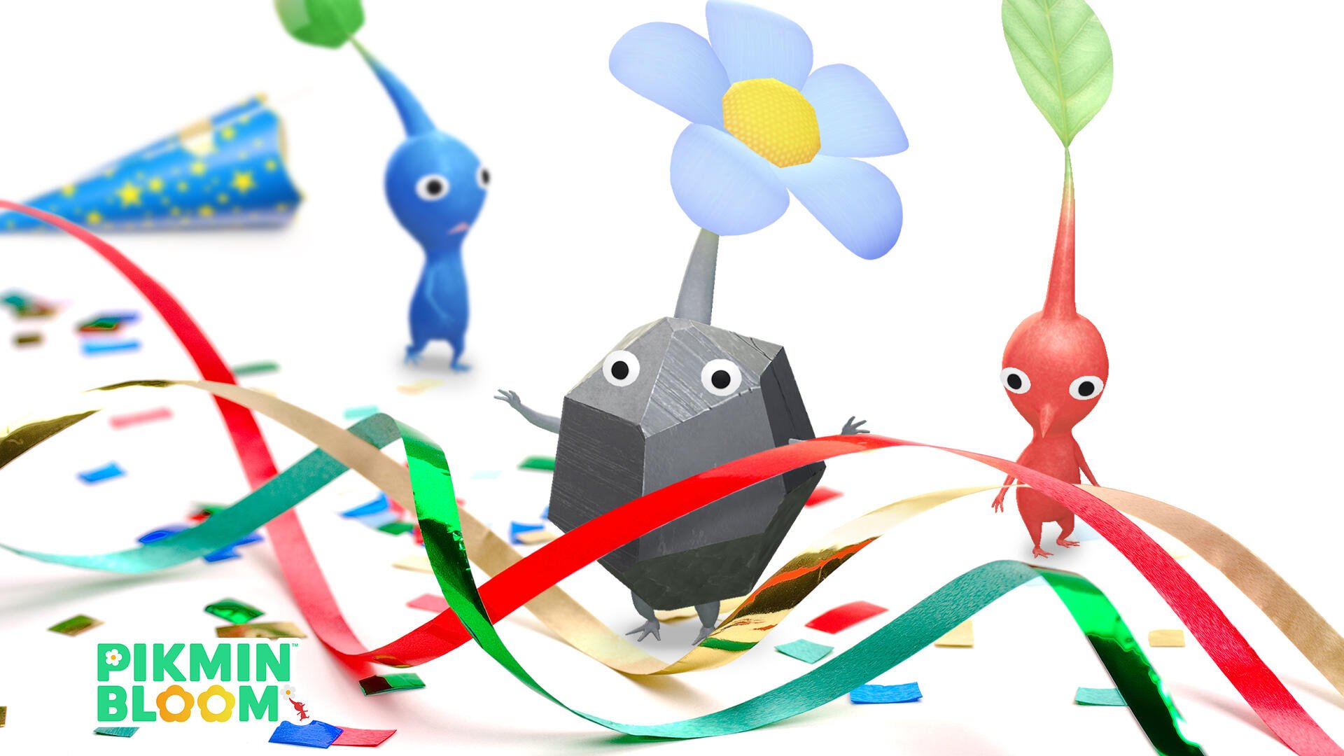 HD PC desktop wallpaper featuring colorful Pikmin characters with vibrant ribbons and confetti, capturing a festive and playful Pikmin Bloom theme.