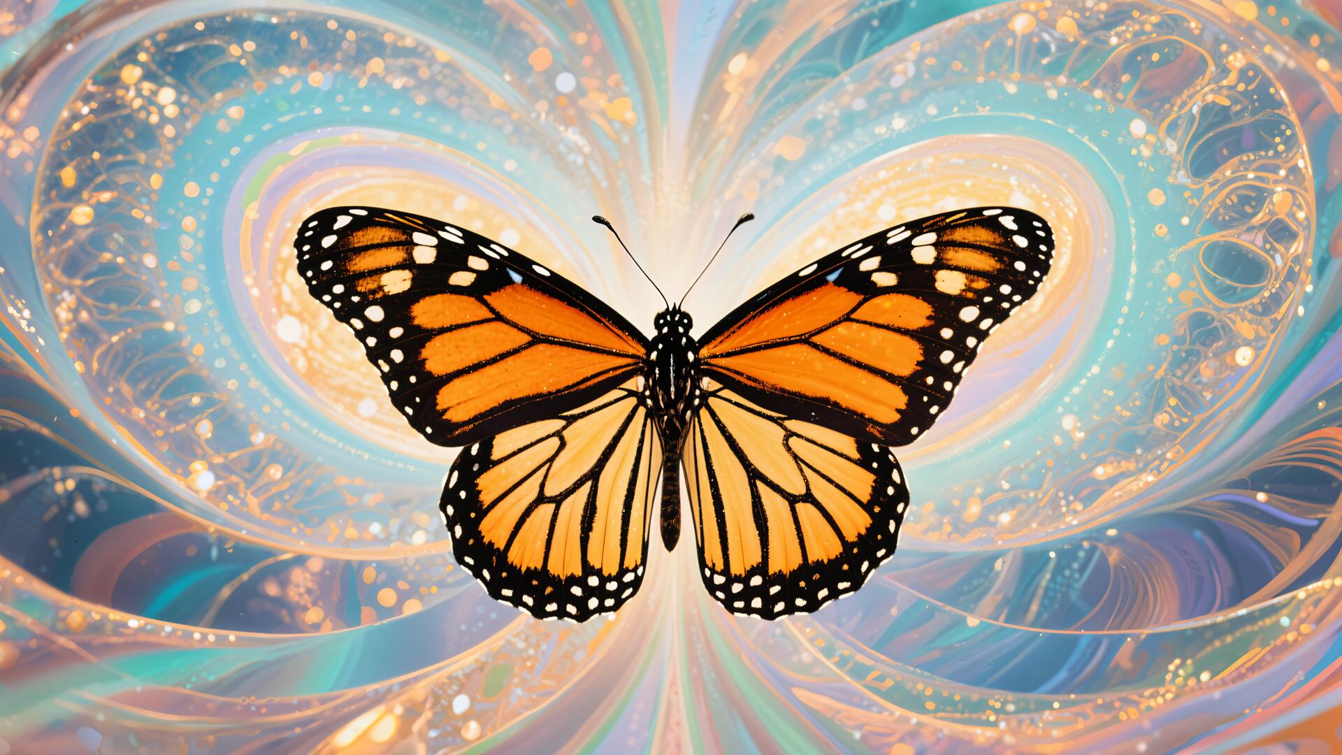 A vibrant monarch butterfly with detailed orange and black wings set against a dynamic, abstract background in 4K Ultra HD quality, designed as a PC desktop wallpaper.