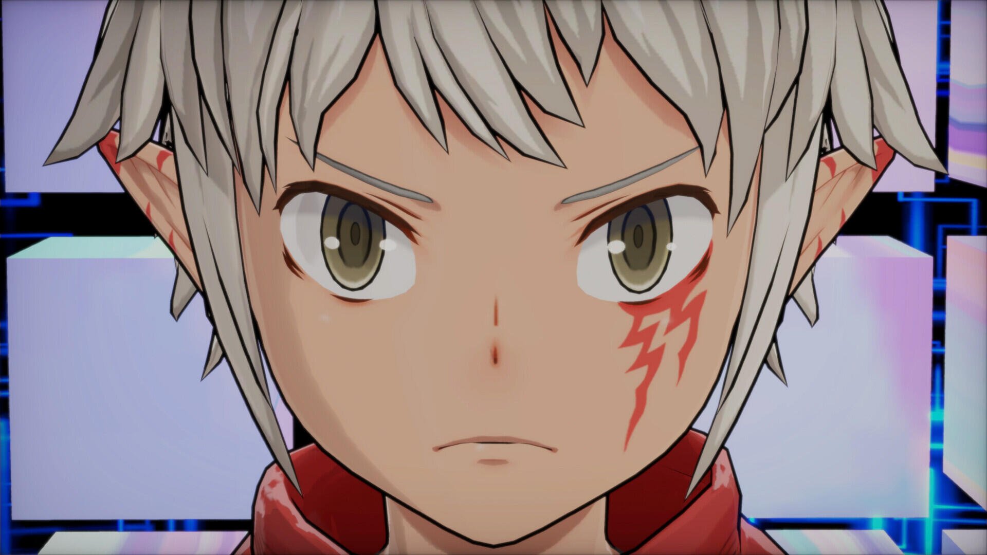 HD PC desktop wallpaper featuring a close-up of a determined character from the video game Digimon Story: Time Stranger with a red lightning scar on the face.