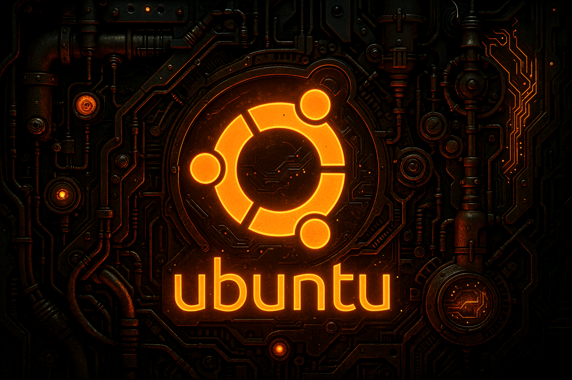Ubuntu logo glowing in vibrant orange on a dark, futuristic circuit board background, designed as a 4K Ultra HD PC desktop wallpaper and background.