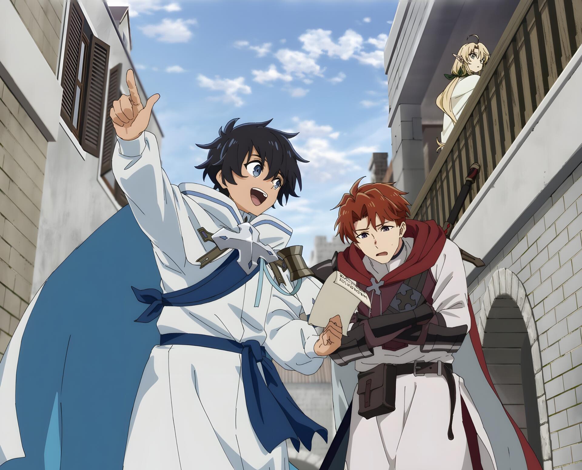 Anime-style 4K Ultra HD desktop wallpaper from The Water Magician, featuring two characters in medieval attire interacting in a narrow stone alley.