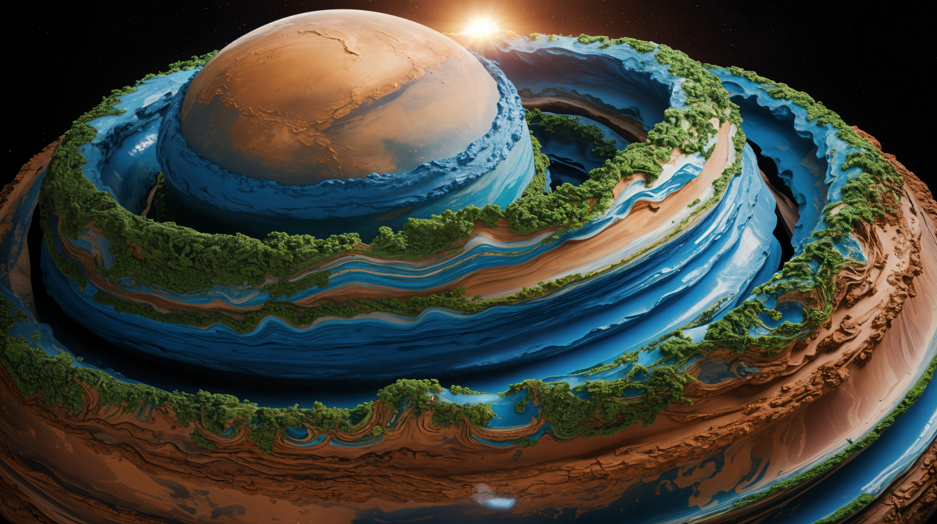 A 4K Ultra HD PC desktop wallpaper depicting a surreal, cross-sectioned planet with layered terrain, greenery, and water encircling a rocky core against a dark background.