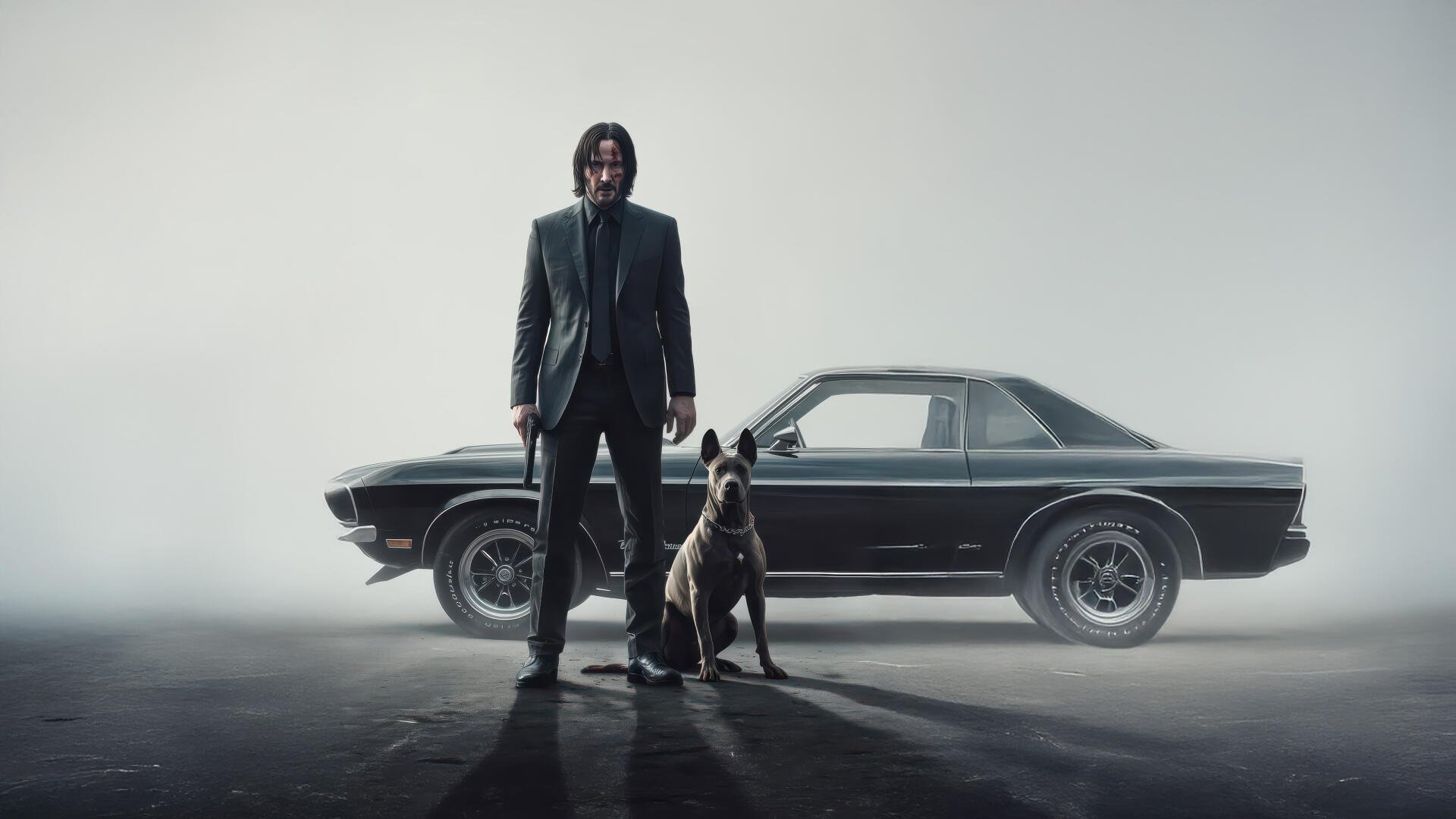 John Wick stands with a dog in front of a classic car, set against a misty background in this 4K Ultra HD PC desktop wallpaper.