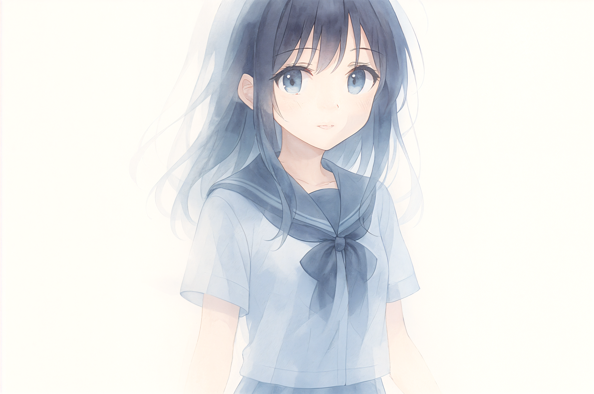 Anime girl with dark hair and blue eyes in a soft, airy style, rendered in 4K Ultra HD as a PC desktop wallpaper and background.