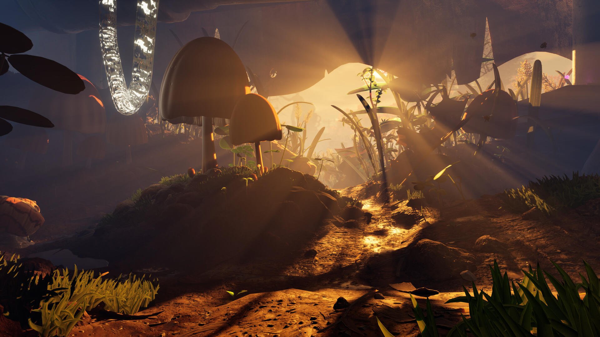 4K Ultra HD PC desktop wallpaper of a detailed, immersive forest scene from the video game Grounded 2, showcasing oversized mushrooms and glowing light effects.