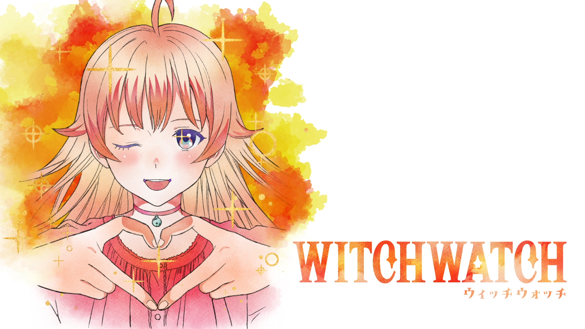 Anime HD PC wallpaper featuring Nico Wakatsuki from WITCH WATCH, with warm orange and yellow tones and the series title displayed beside the character.