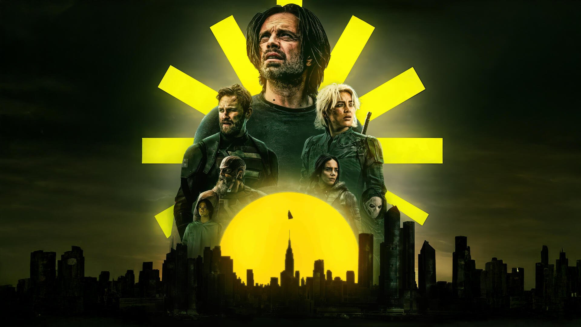 Thunderbolts* (2025) 4K Ultra HD PC desktop wallpaper featuring a dramatic city skyline silhouette with key characters illuminated by a glowing yellow sunburst background.