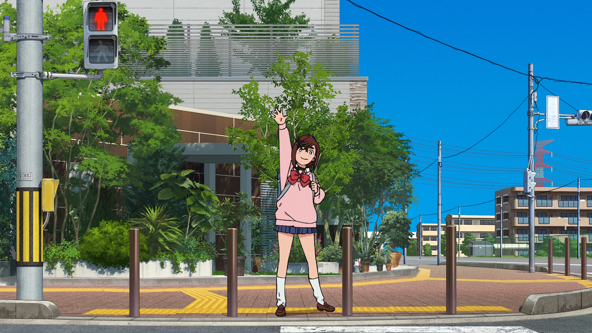 HD PC desktop wallpaper featuring Momo Ayase from the anime Dandadan, standing on a city sidewalk with a clear blue sky and urban background.