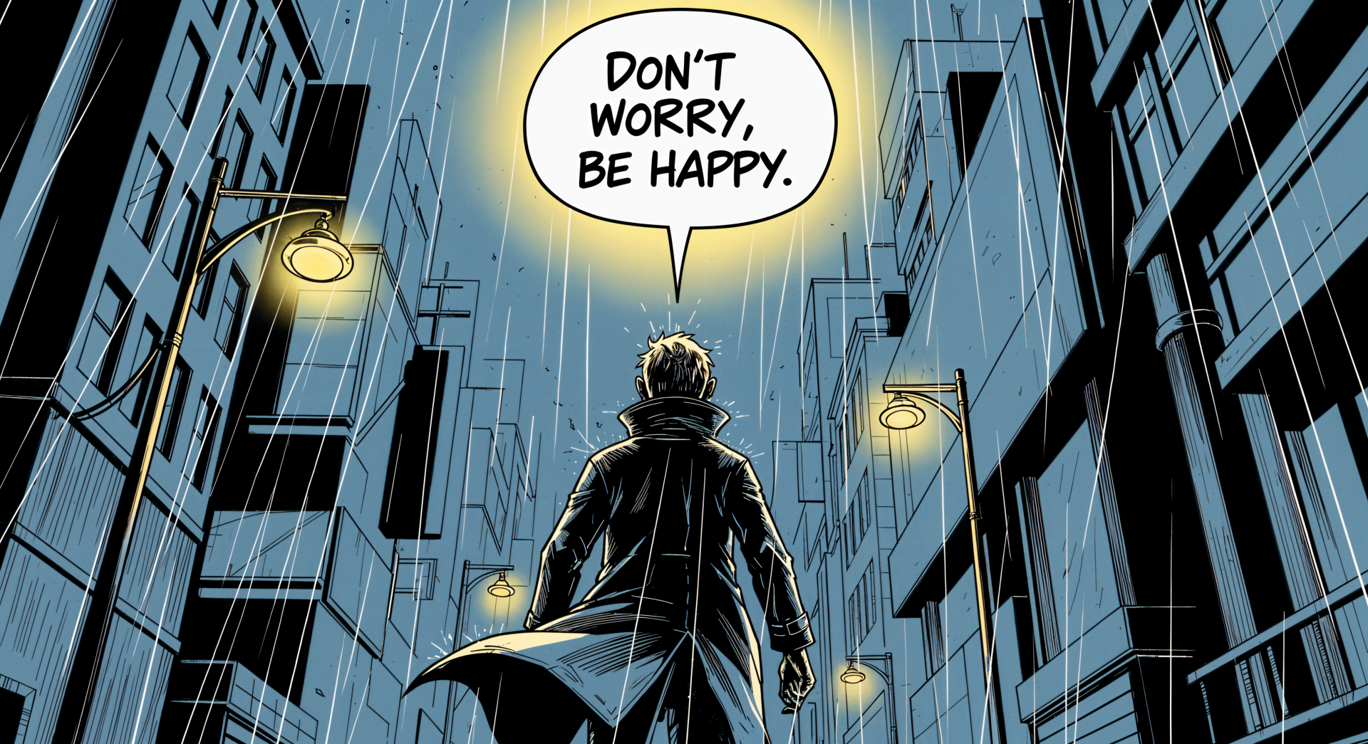 4K Ultra HD PC desktop wallpaper showing a person in a rain-soaked city street with streetlights, saying Don't worry, be happy in a glowing speech bubble.