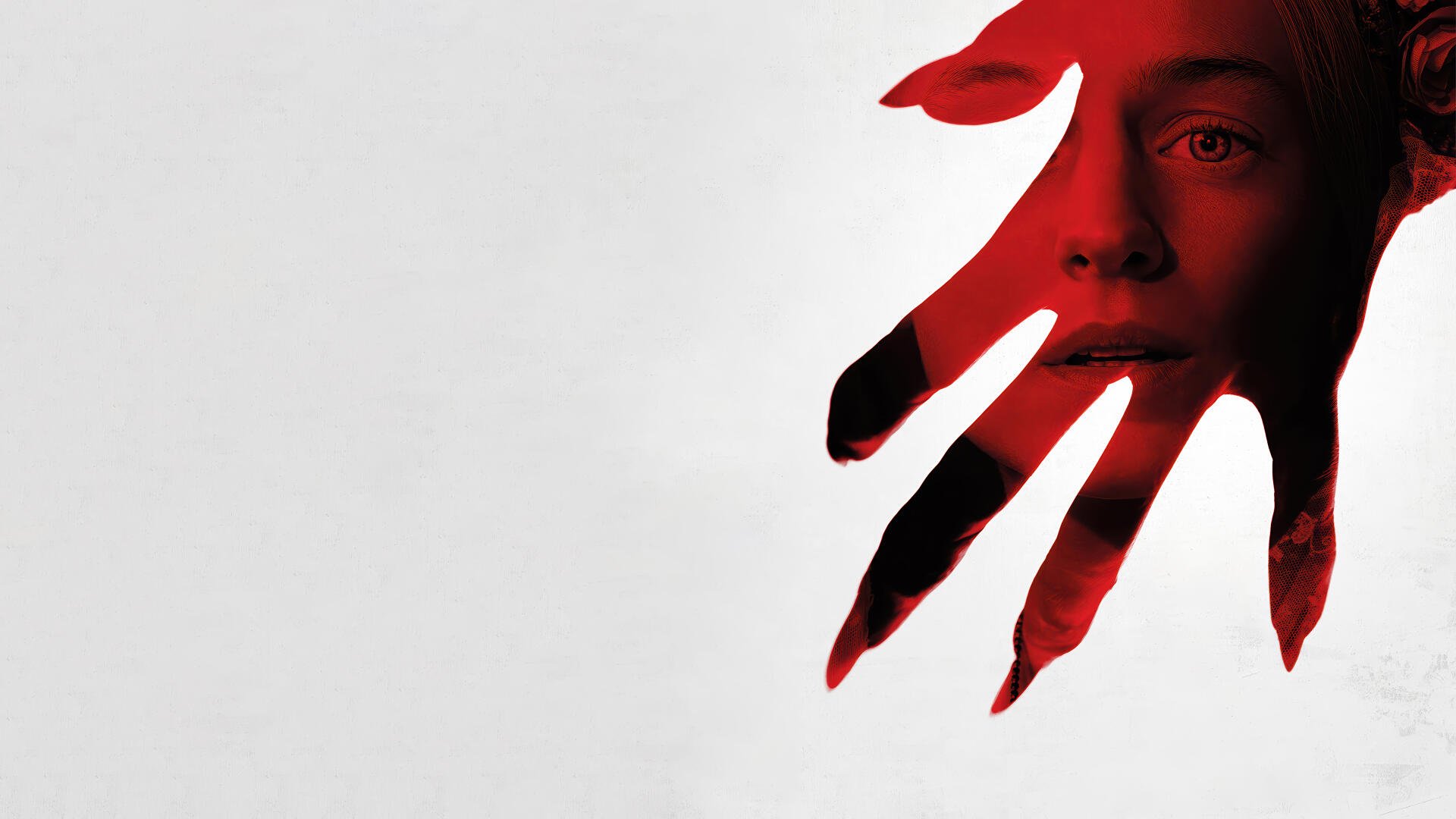 4K Ultra HD Nosferatu (2024) PC desktop wallpaper featuring a red, clawed hand overlaying a woman's face on a white background.