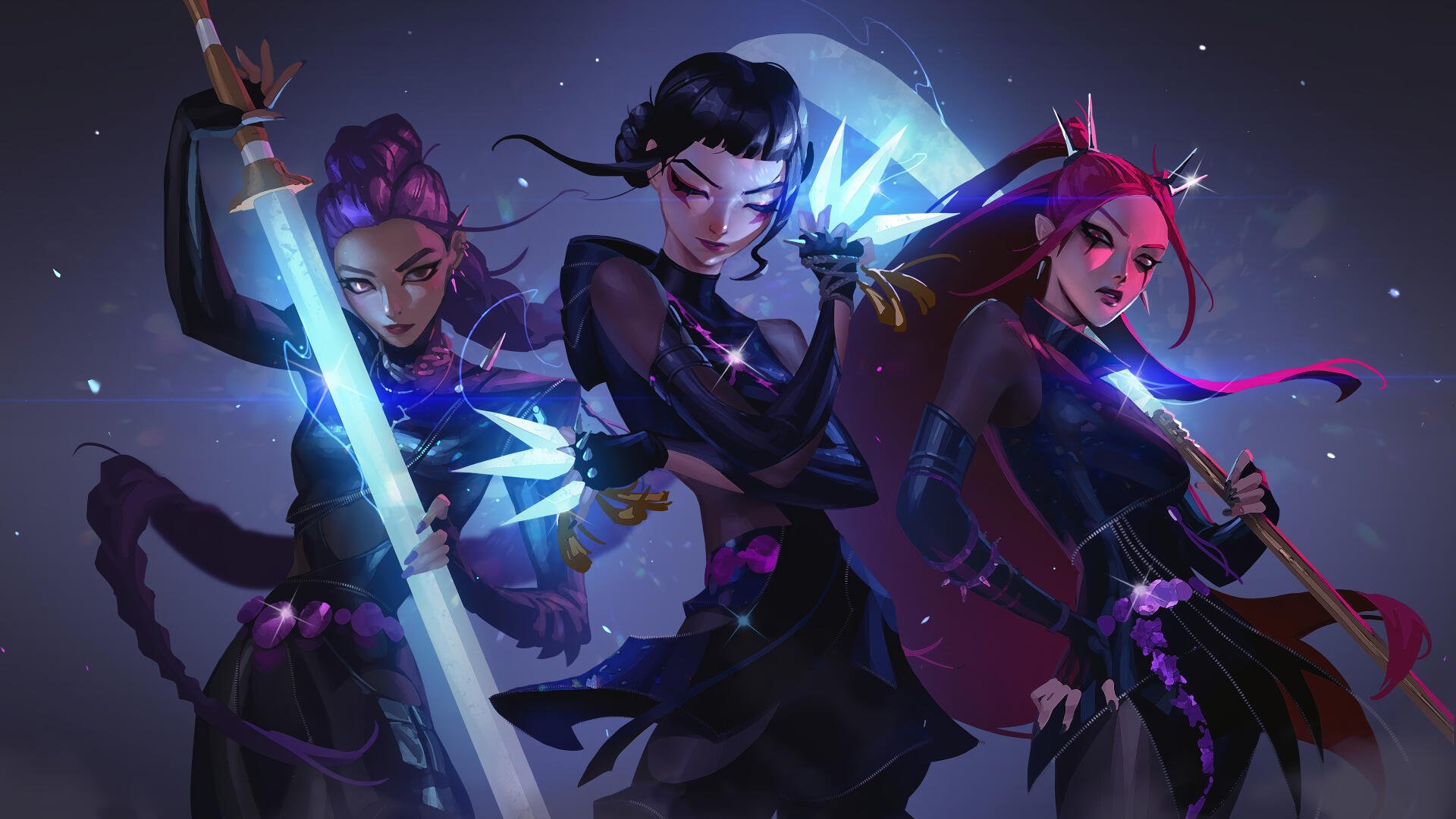 KPop Demon Hunters depicted in a dynamic 4K Ultra HD PC desktop wallpaper, showcasing three fierce characters wielding glowing weapons against a dark, mystical backdrop.
