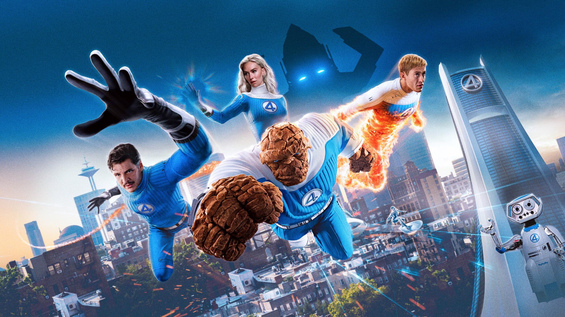 The Fantastic Four showcasing their powers in an action-packed 8K Ultra HD PC desktop wallpaper titled First Steps with a futuristic city backdrop.