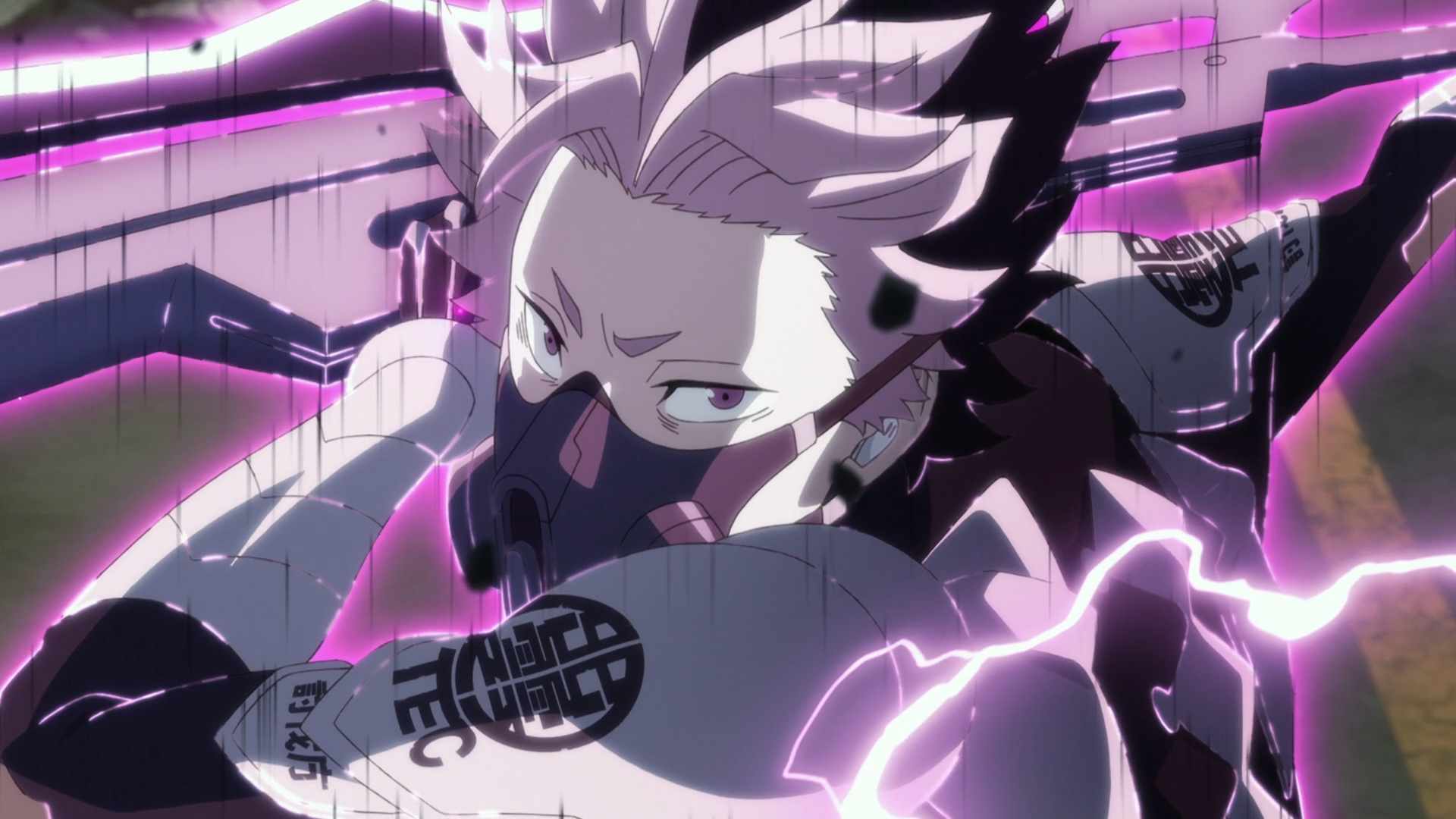 HD PC desktop wallpaper featuring Gen Narumi from the anime Kaiju No. 8, depicted with intense expression and electric purple energy effects.