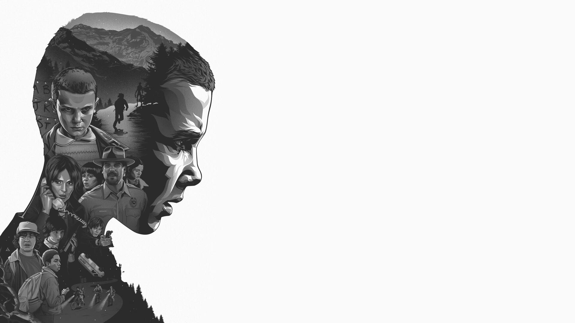 Stranger Things 4K Ultra HD PC desktop wallpaper featuring a grayscale collage of key characters and eerie scenes from the series against a white background.