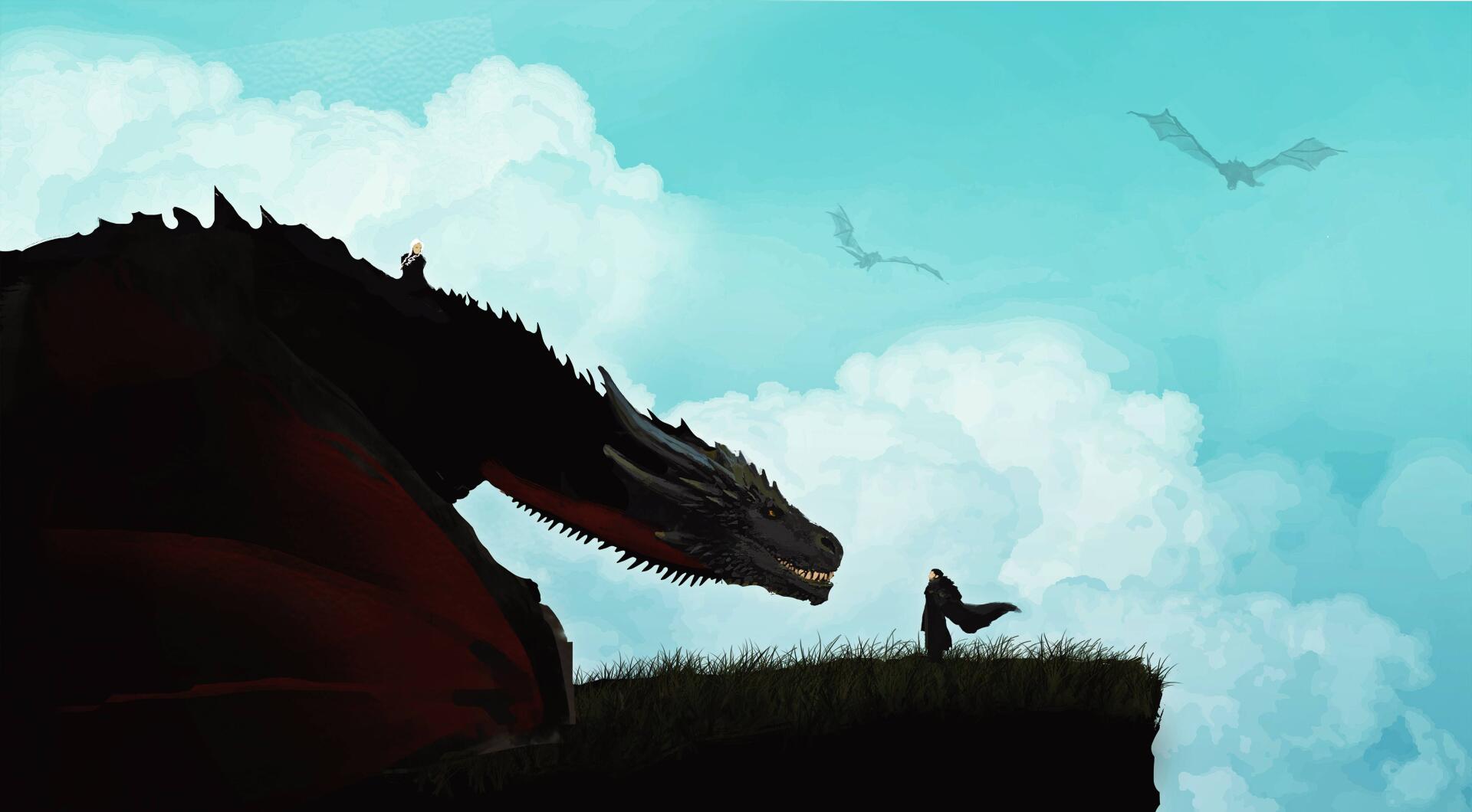 Game of Thrones 4K Ultra HD desktop wallpaper showing a dragon and a cloaked figure on a cliff against a bright blue sky with flying dragons in the distance.