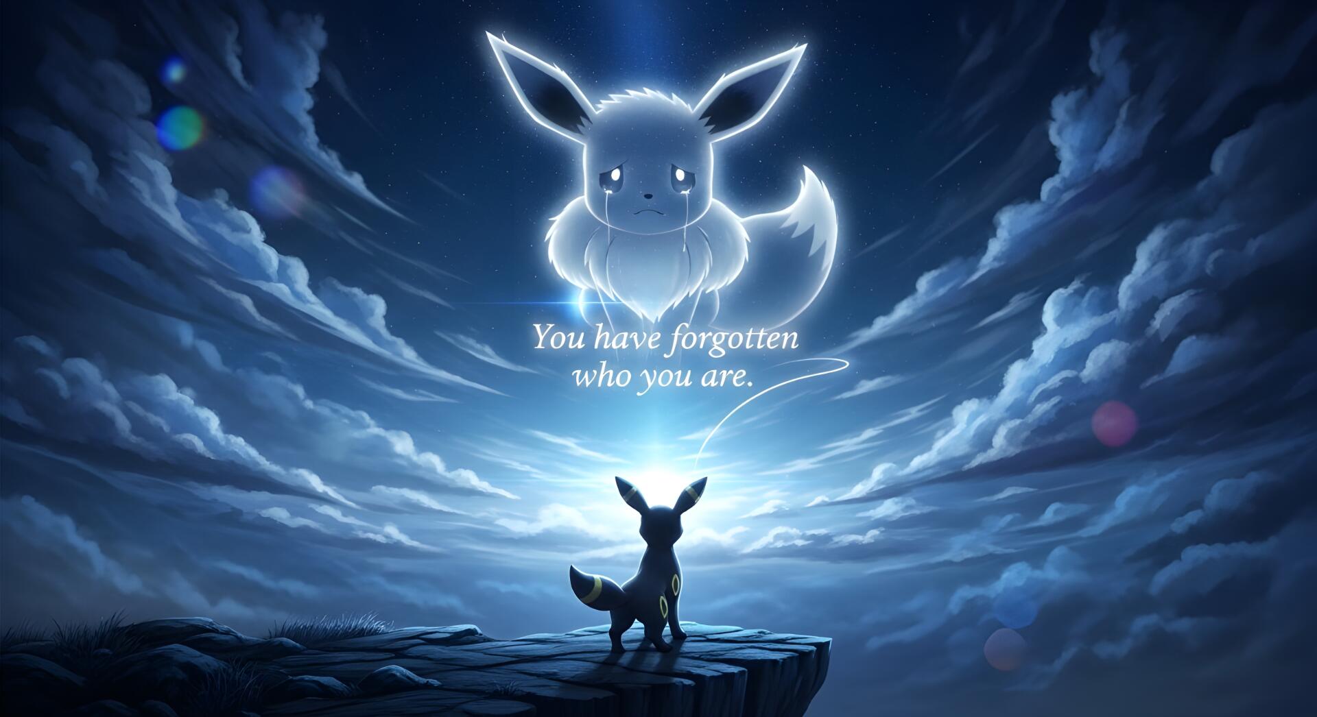 A sad anime-style 4K Ultra HD wallpaper featuring Eevee and Umbreon from Pokémon under a moonlit sky, with glowing text reading, You have forgotten who you are.