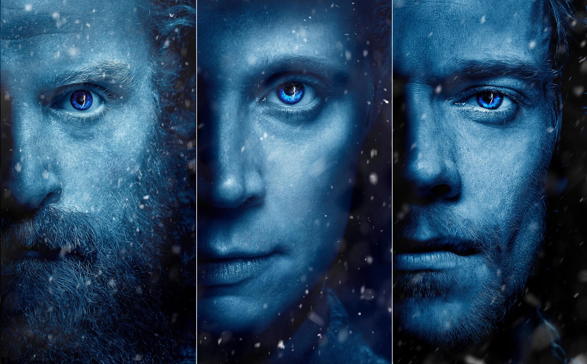 Game of Thrones 4K Ultra HD PC desktop wallpaper featuring close-up portraits of three characters with icy blue tones and falling snow effects.