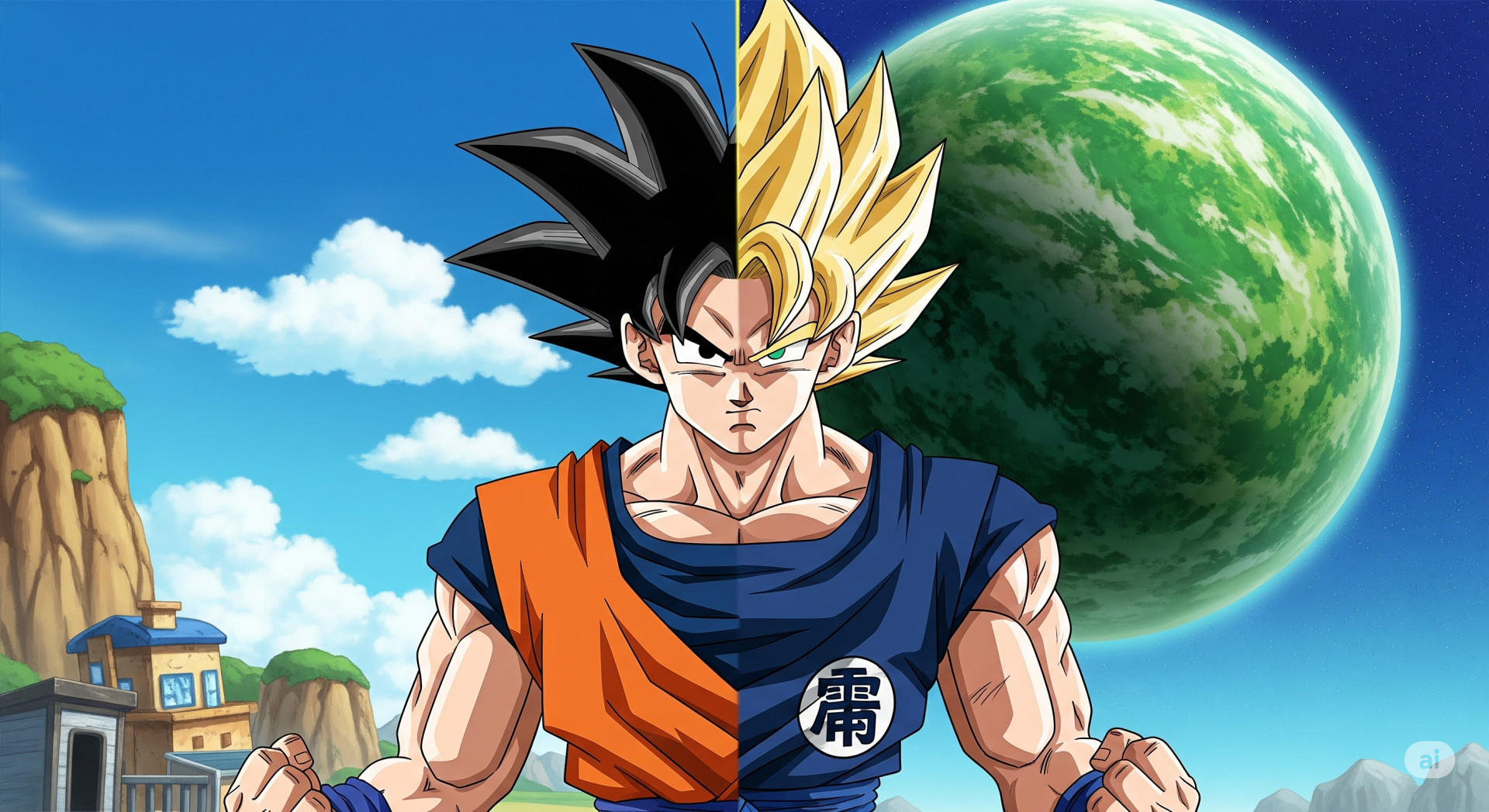 HD PC desktop wallpaper featuring Goku from Dragon Ball Z in half-normal, half-Super Saiyan form with a vibrant anime background and a green planet in the sky.