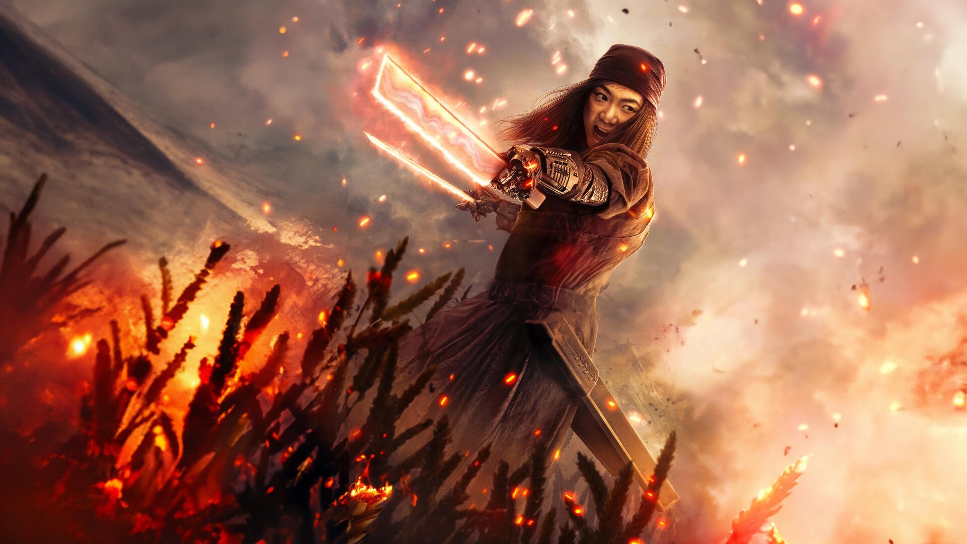 4K Ultra HD PC desktop wallpaper of Rebel Moon - Part Two: The Scargiver featuring a warrior wielding glowing swords amid fiery sparks and a smoky background.