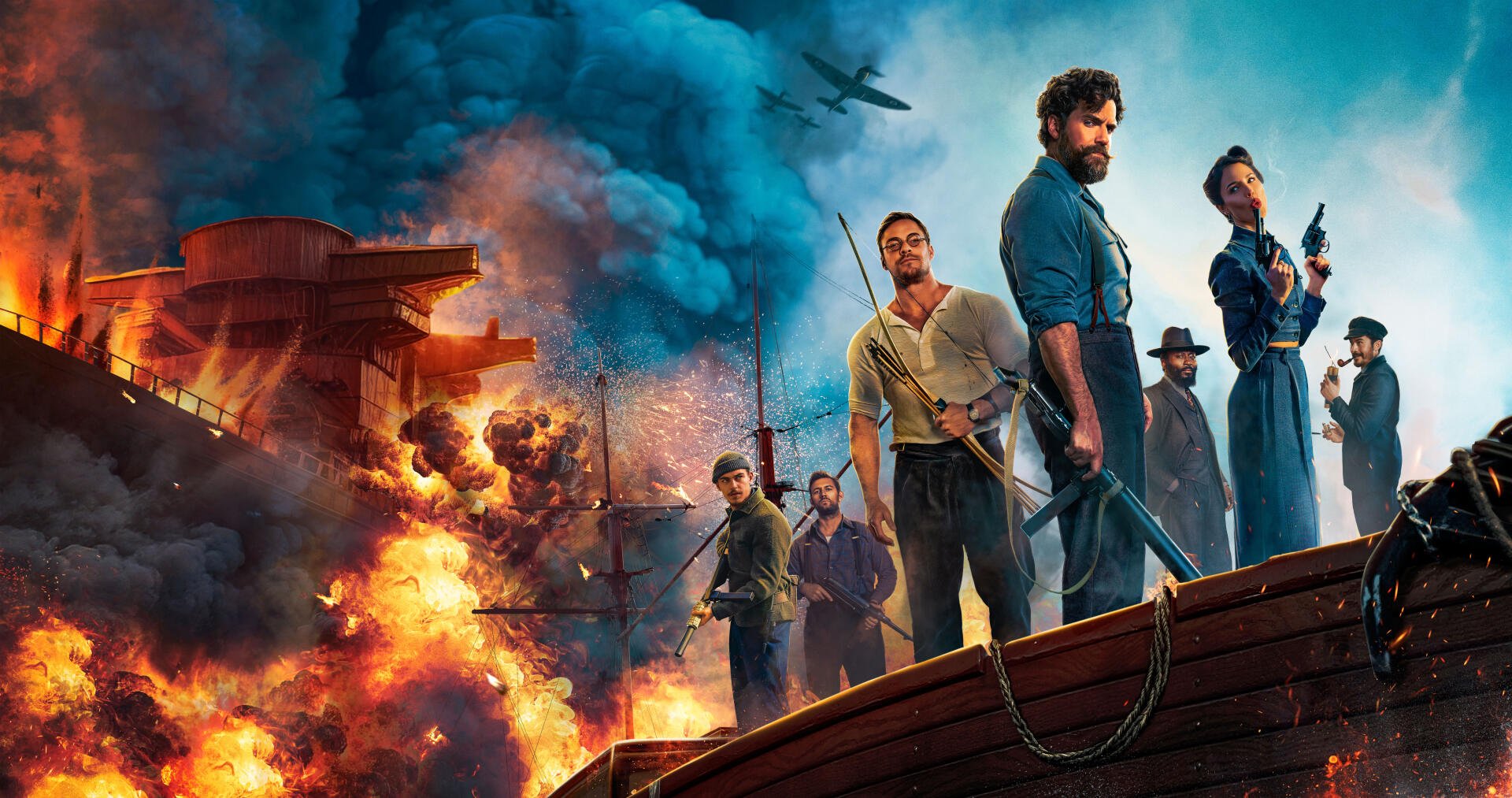 4K Ultra HD desktop wallpaper featuring dramatic characters from The Ministry of Ungentlemanly Warfare with fiery explosions and planes in the background.