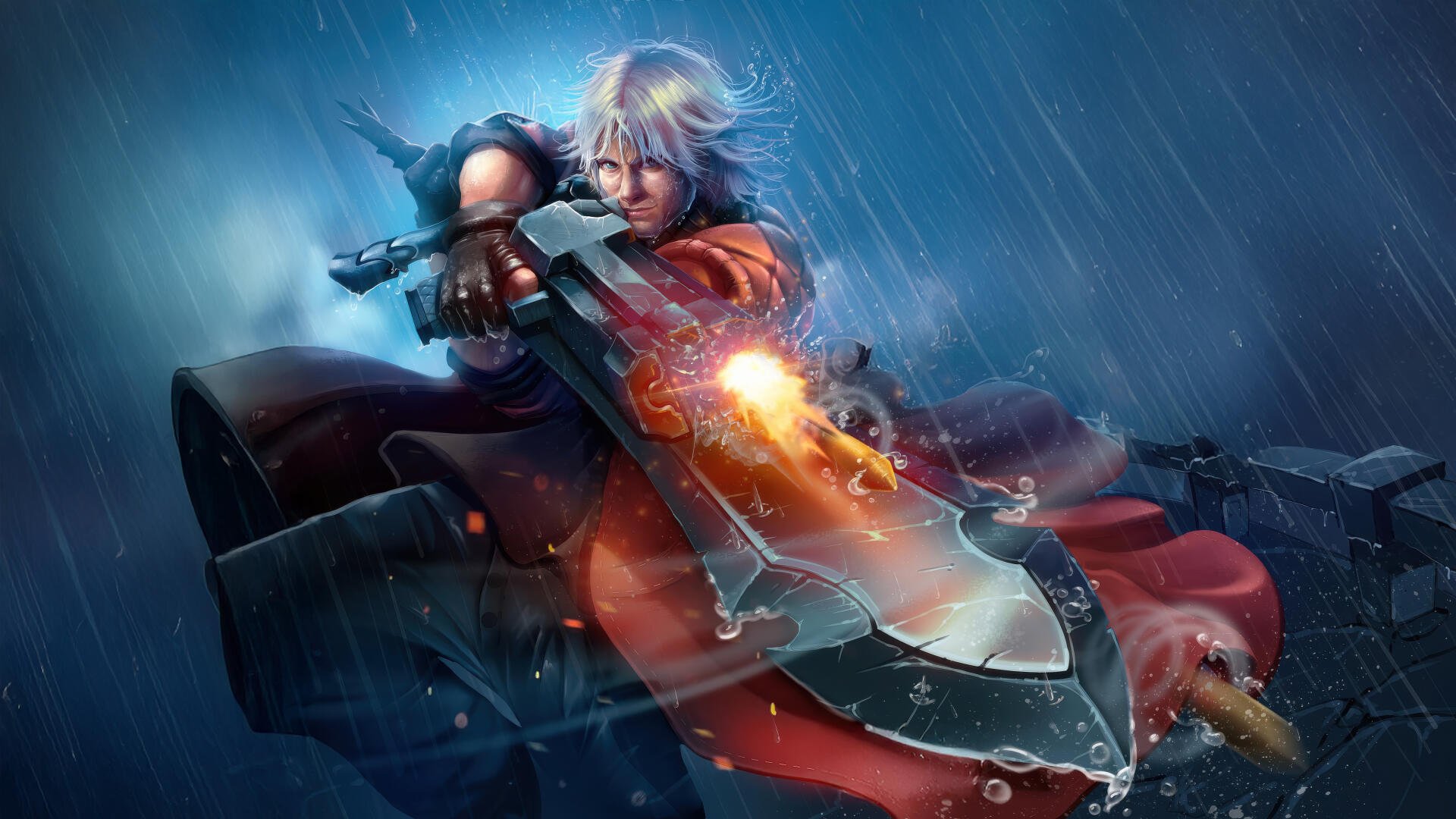 Devil May Cry character with white hair wields a large sword in dynamic action pose, set against a stormy, rain-soaked backdrop in 4K Ultra HD PC desktop wallpaper.