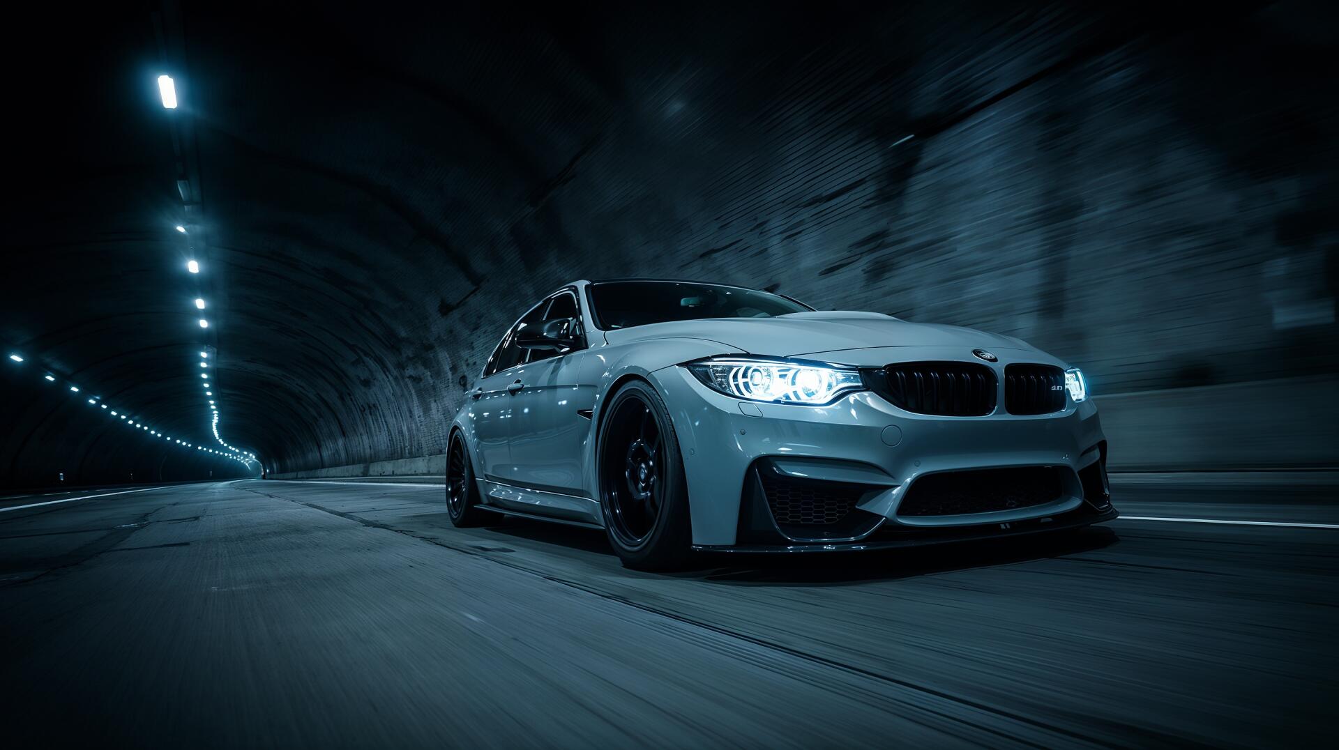 HD PC desktop wallpaper: silver BMW M3 speeding through a lit tunnel at night.