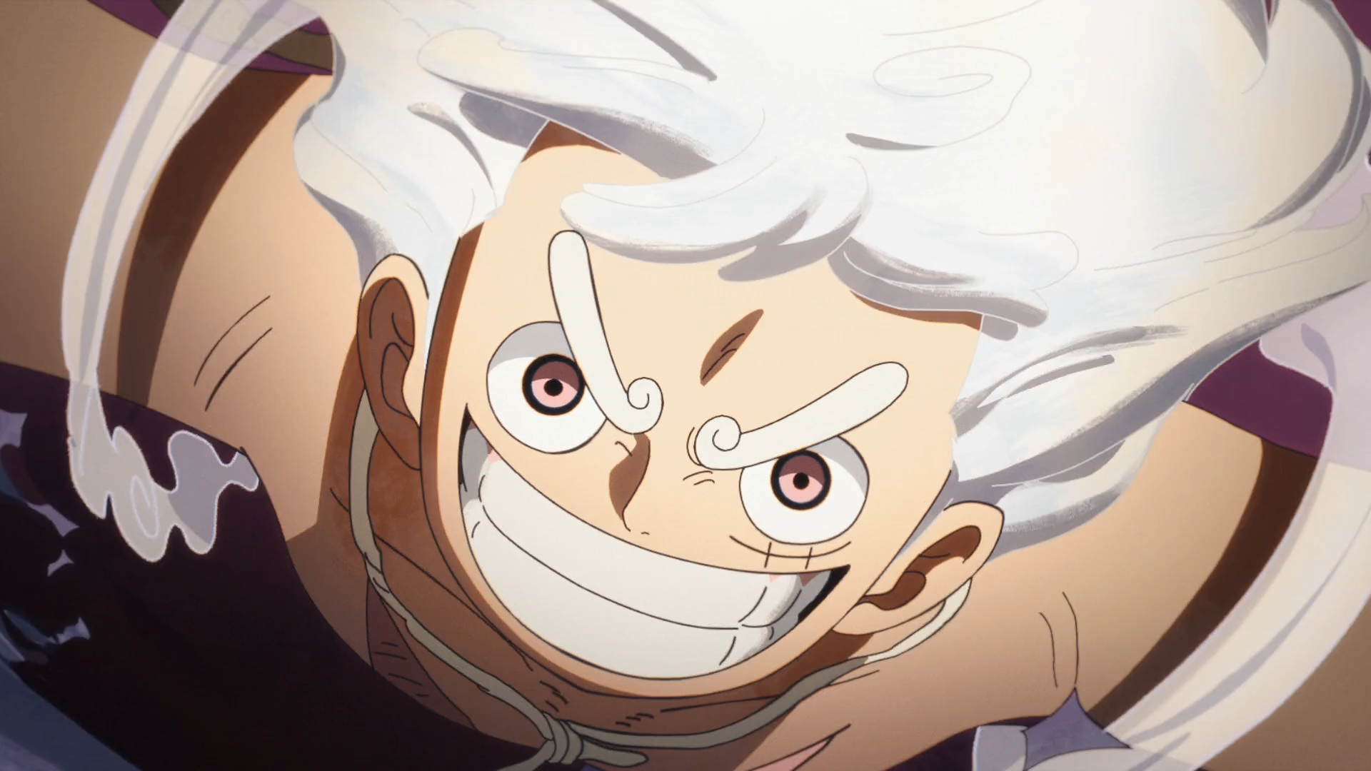 HD PC desktop wallpaper: One Piece's Monkey D. Luffy in Gear 5, white hair and manic grin, wide eyes and a dynamic upward perspective.