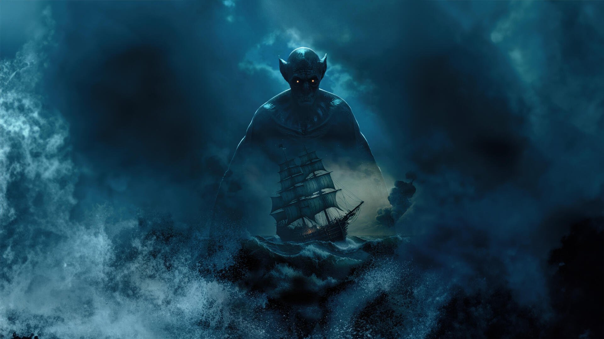 8K Ultra HD PC desktop wallpaper of The Last Voyage of the Demeter: a glowing-eyed shadowy figure rising from stormy seas, looming over a lone wooden sailing ship amid swirling mist.