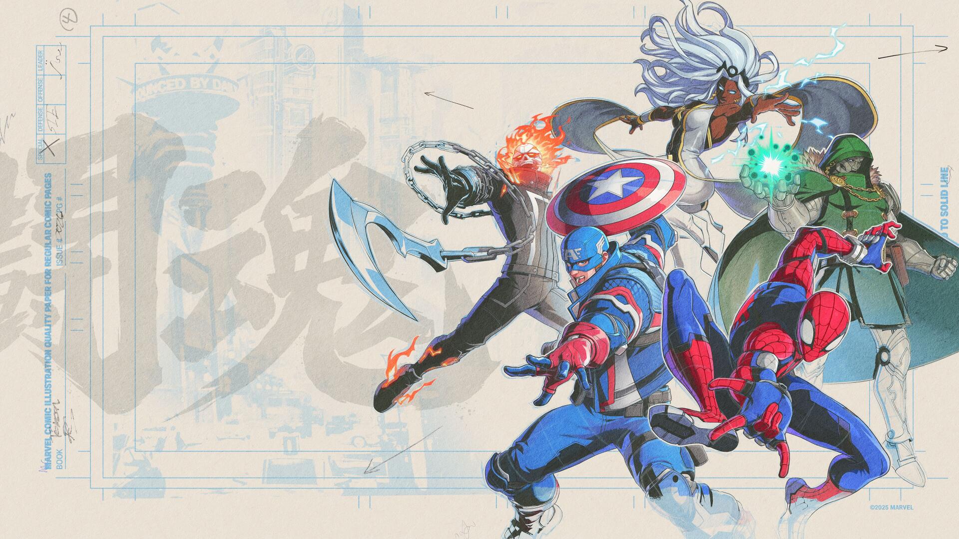 Marvel Tokon: Fighting Souls 4K Ultra HD PC wallpaper — a team of Marvel heroes in dynamic action, shield raised, energy blasts and motion streaks across a stylized backdrop.