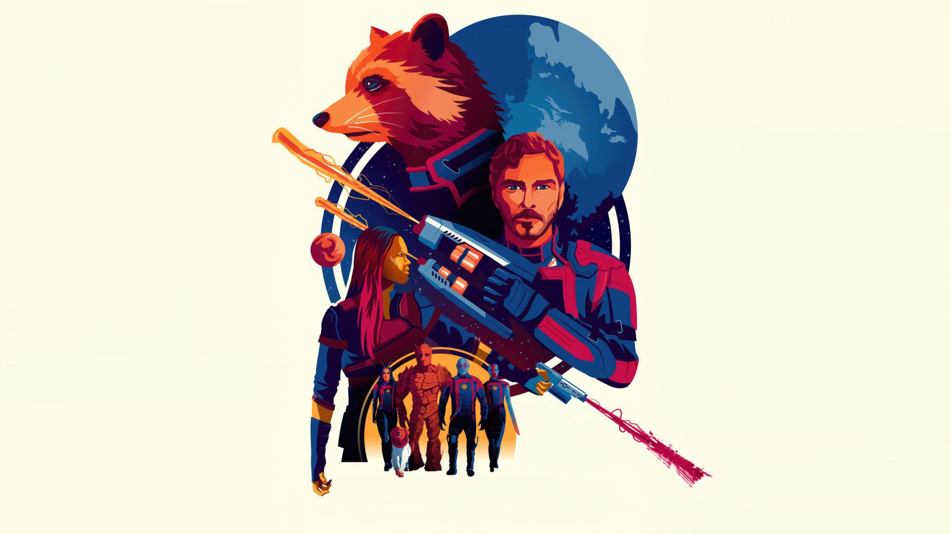 Stylized poster of Star-Lord and Rocket with other Guardians silhouetted against a blue planet — Guardians of the Galaxy Vol. 3, 4K Ultra HD PC desktop wallpaper and background.