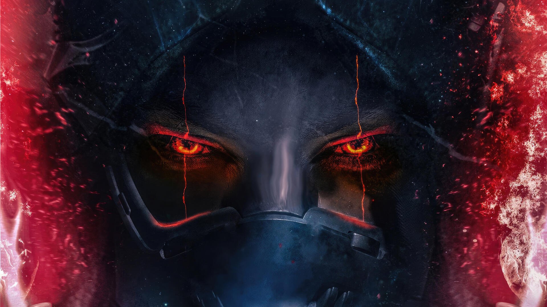 Rey (Star Wars) close-up in a dark hood and mask, glowing red eyes and embers — cinematic 4K Ultra HD PC desktop wallpaper background