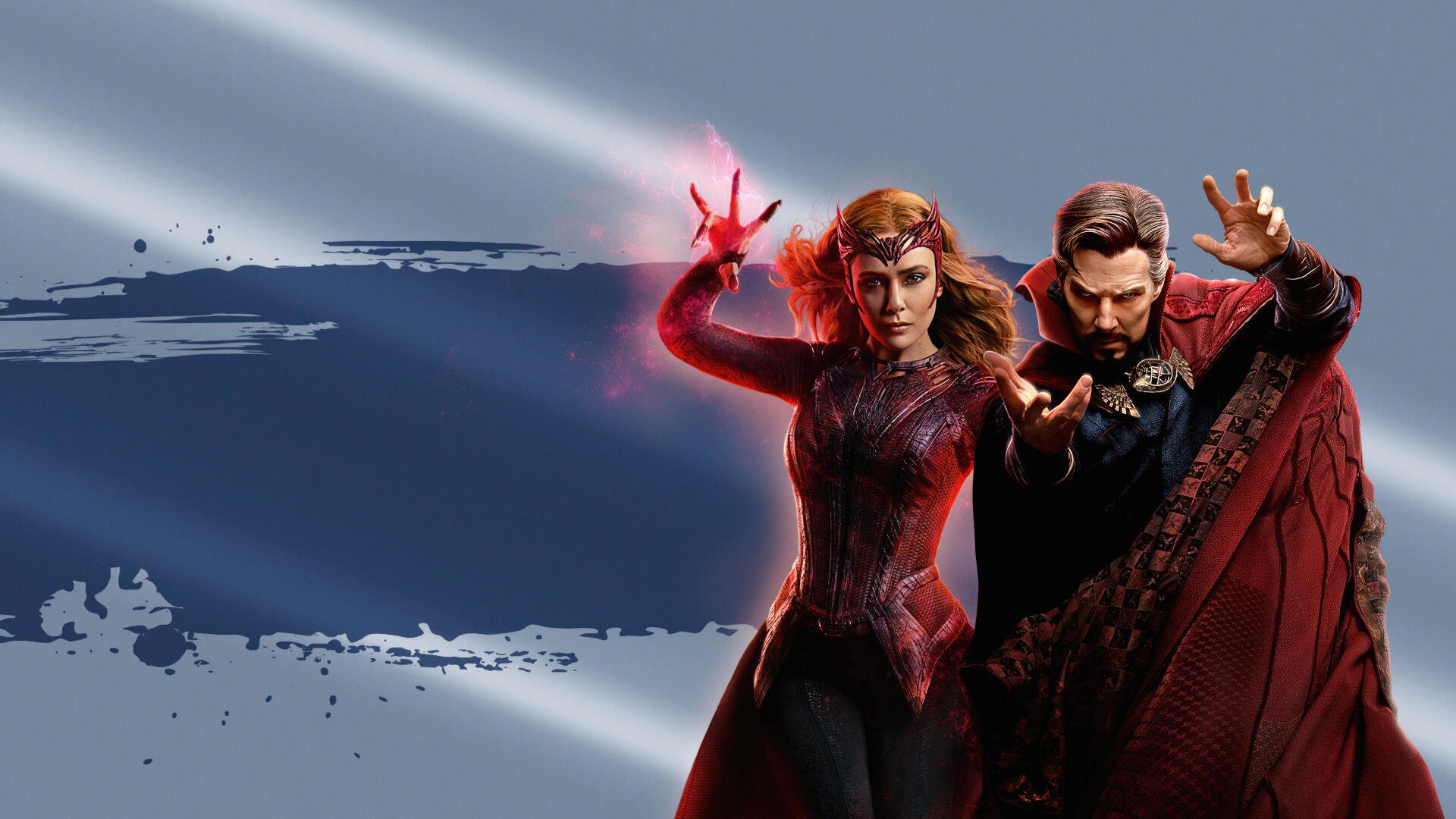 4K Ultra HD PC desktop wallpaper of Doctor Strange and Scarlet Witch from Doctor Strange in the Multiverse of Madness, casting spells against a dark painterly background.
