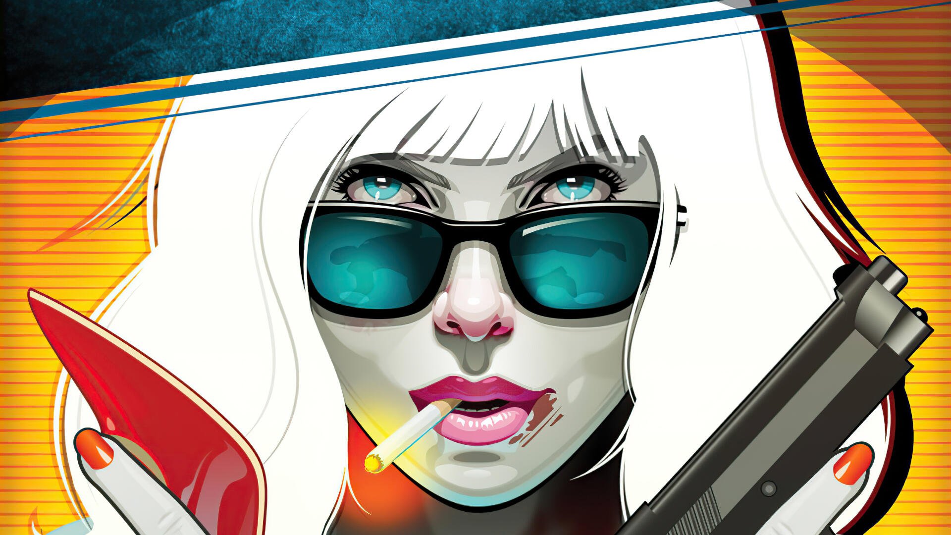 Atomic Blonde 4K Ultra HD PC desktop wallpaper/background: stylized pop-art femme fatale with white hair, teal sunglasses, smoking a cigarette, clutching a red stiletto and a handgun on a vivid backdrop.